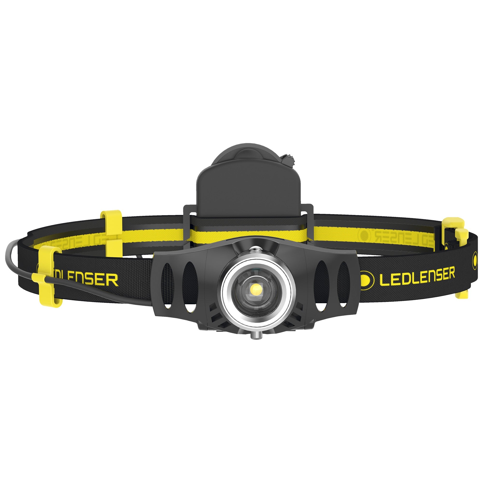 Ledlenser iH3 Battery Operated Headlamp with black and yellow headband and front mounted LED light on adjustable strap