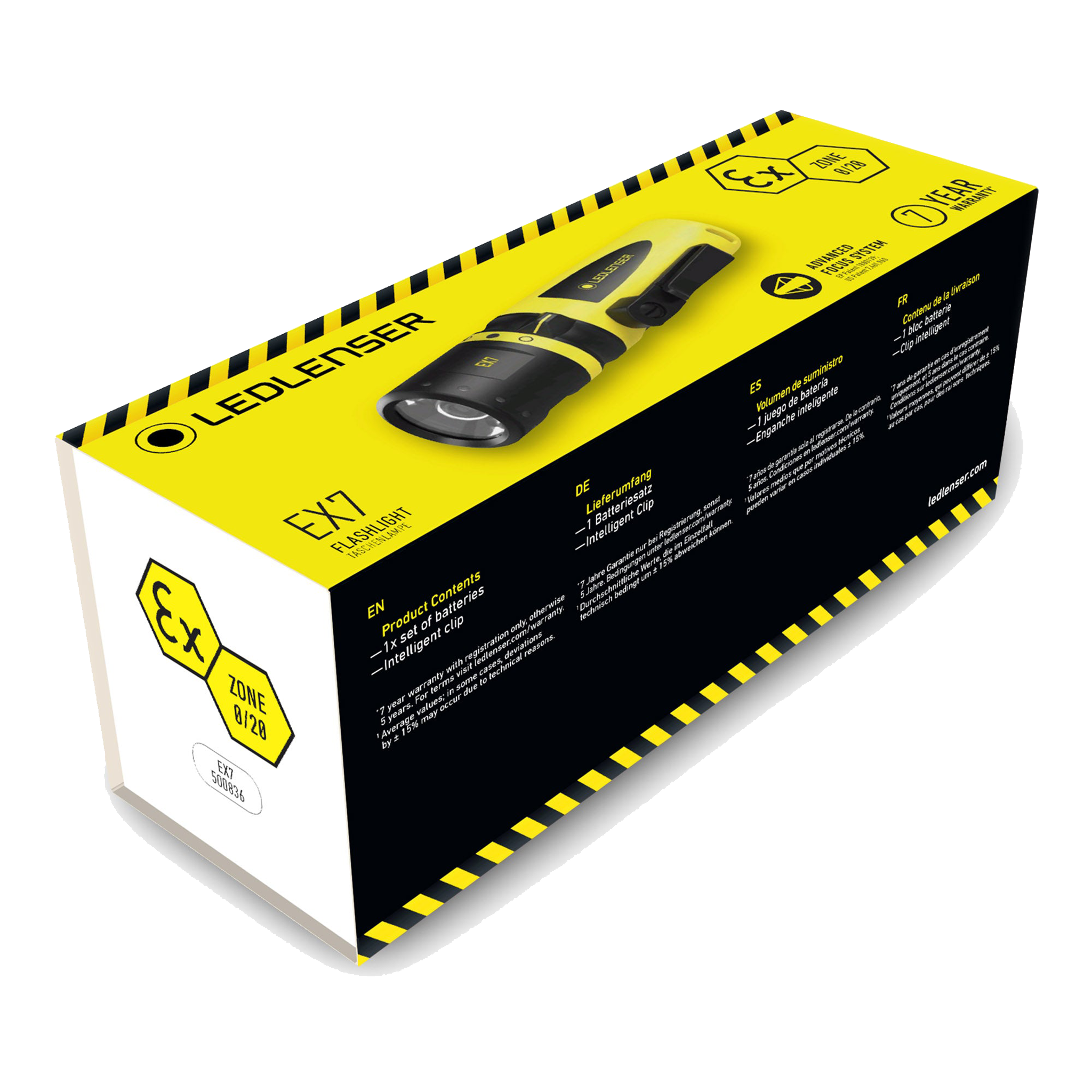 Ledlenser EX7 torch packaging box with bright yellow and black design and image of the flashlight on top