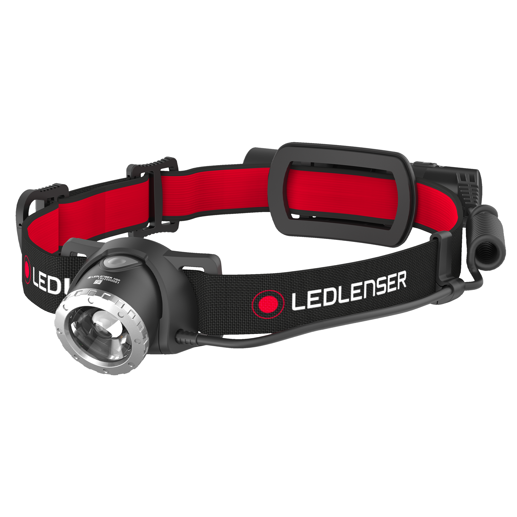 Ledlenser H8R Headlamp with red and black adjustable head strap and front LED lens housing oriented to the left
