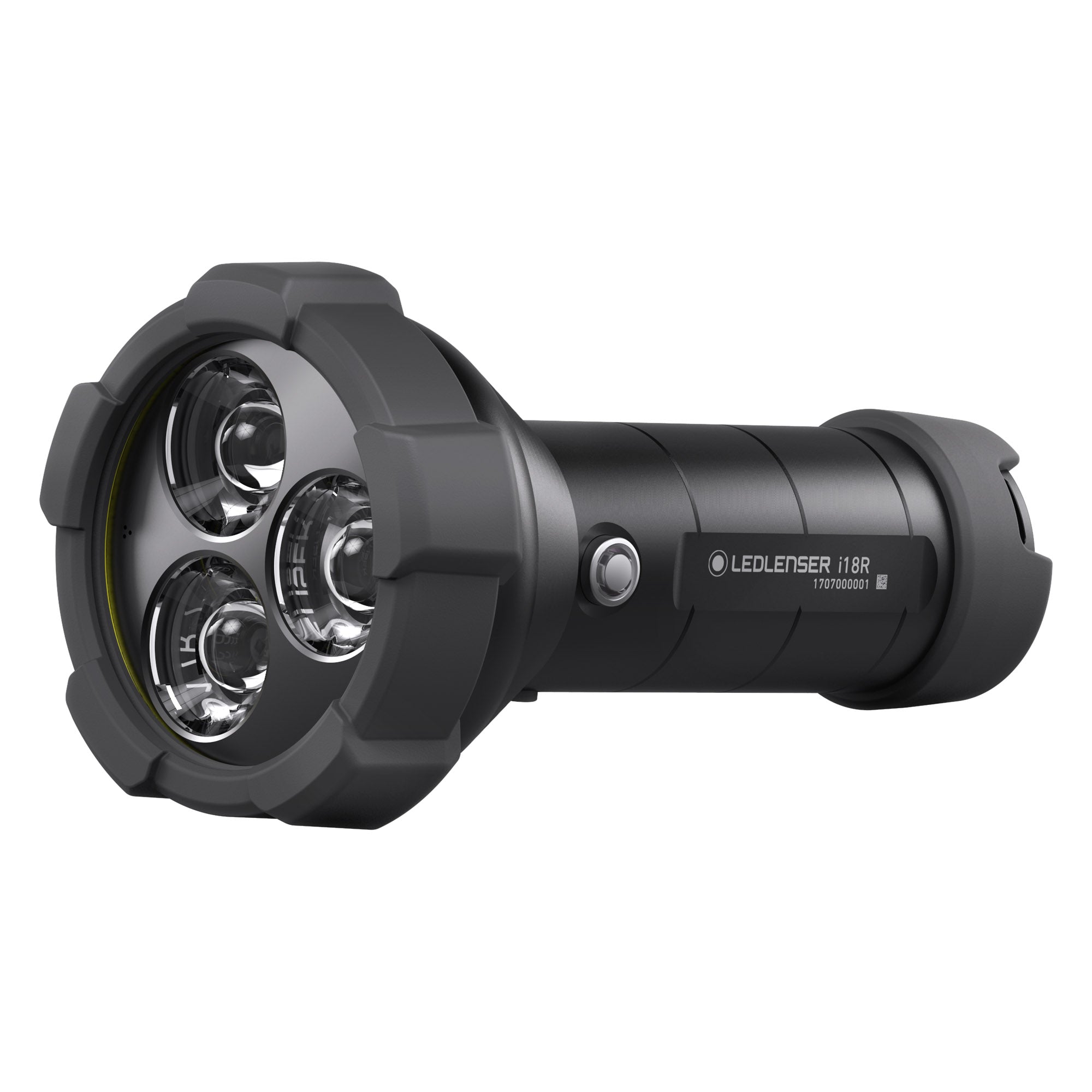 Ledlenser i18R Rechargeable Torch viewed from front left with a four LED head and dark grey body