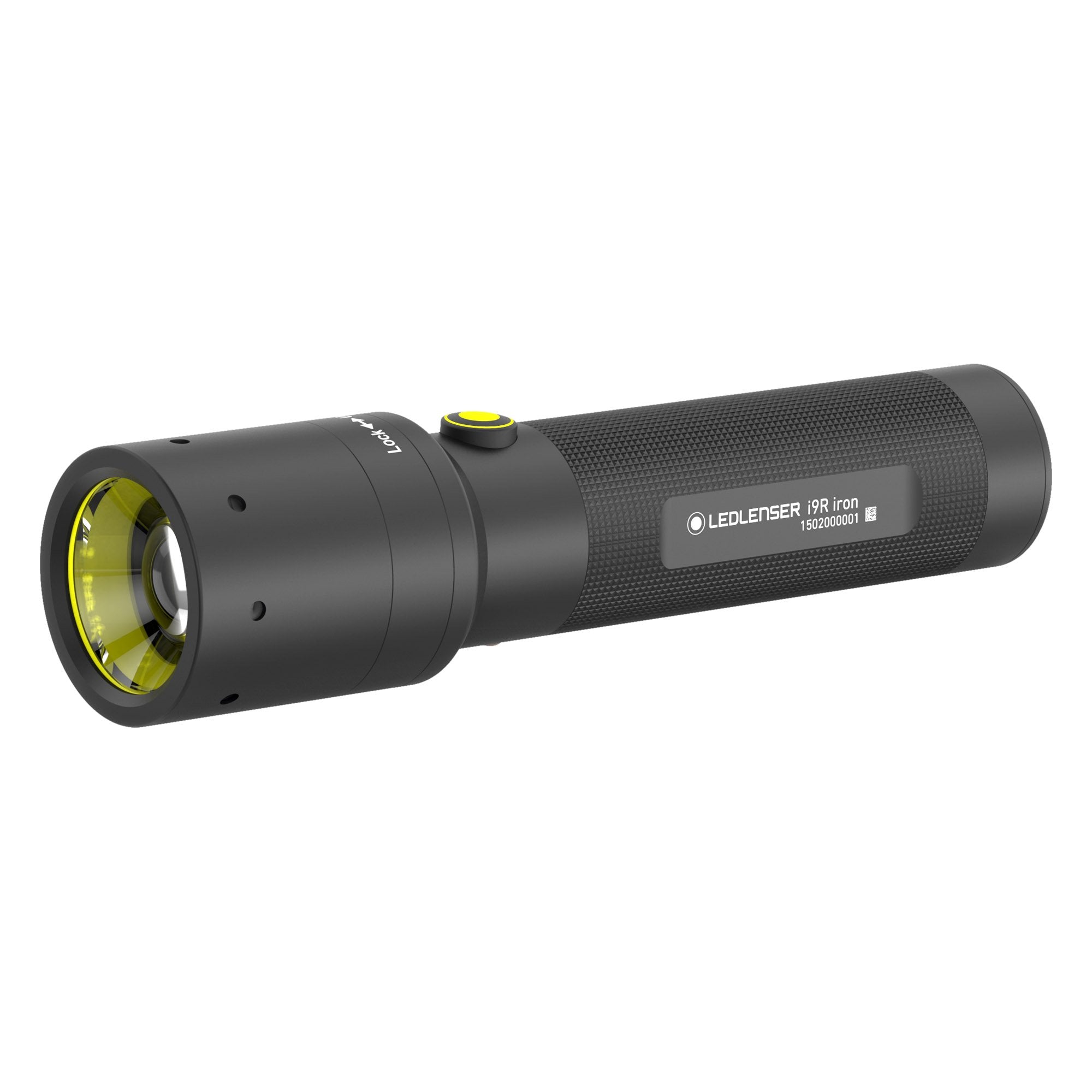 Ledlenser i9R Iron 2 rechargeable torch shown in a horizontal angled view black body with yellow lens ring and textured grip yellow power button