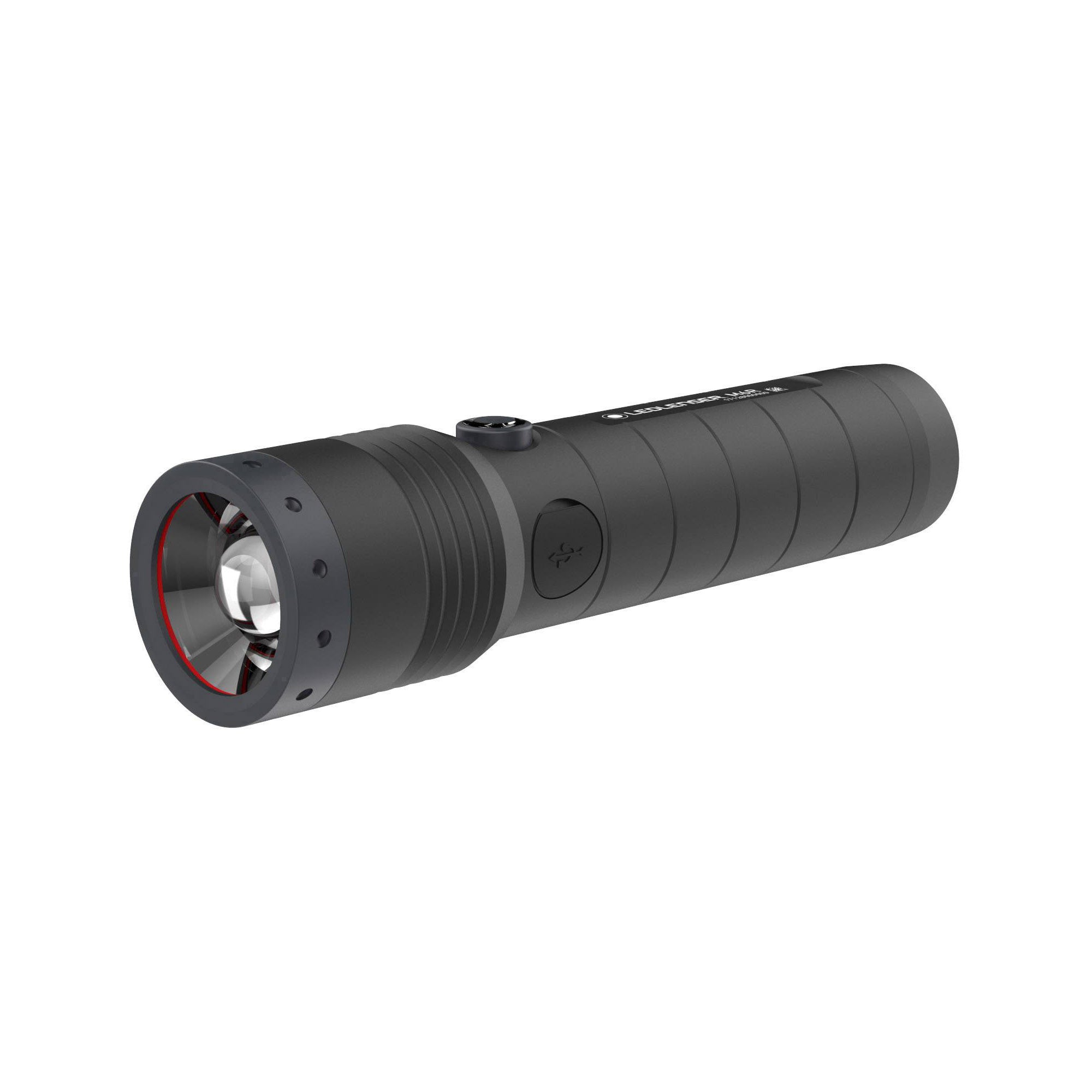 Ledlenser M6R Rechargeable Torch shown at a slight angle black compact flashlight with front lens red bezel ring and textured grip