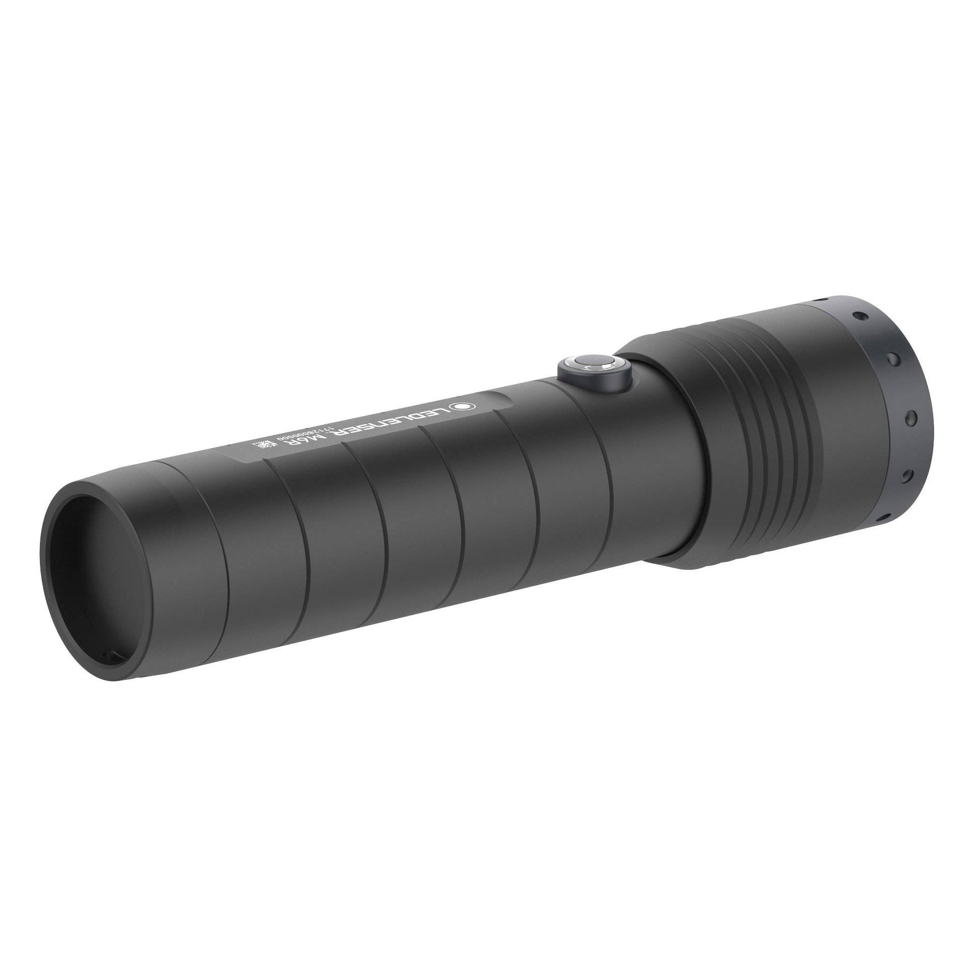 Ledlenser M6R Rechargeable Torch in black cylindrical handheld flashlight with knurled grip and side control button shown at slight angle