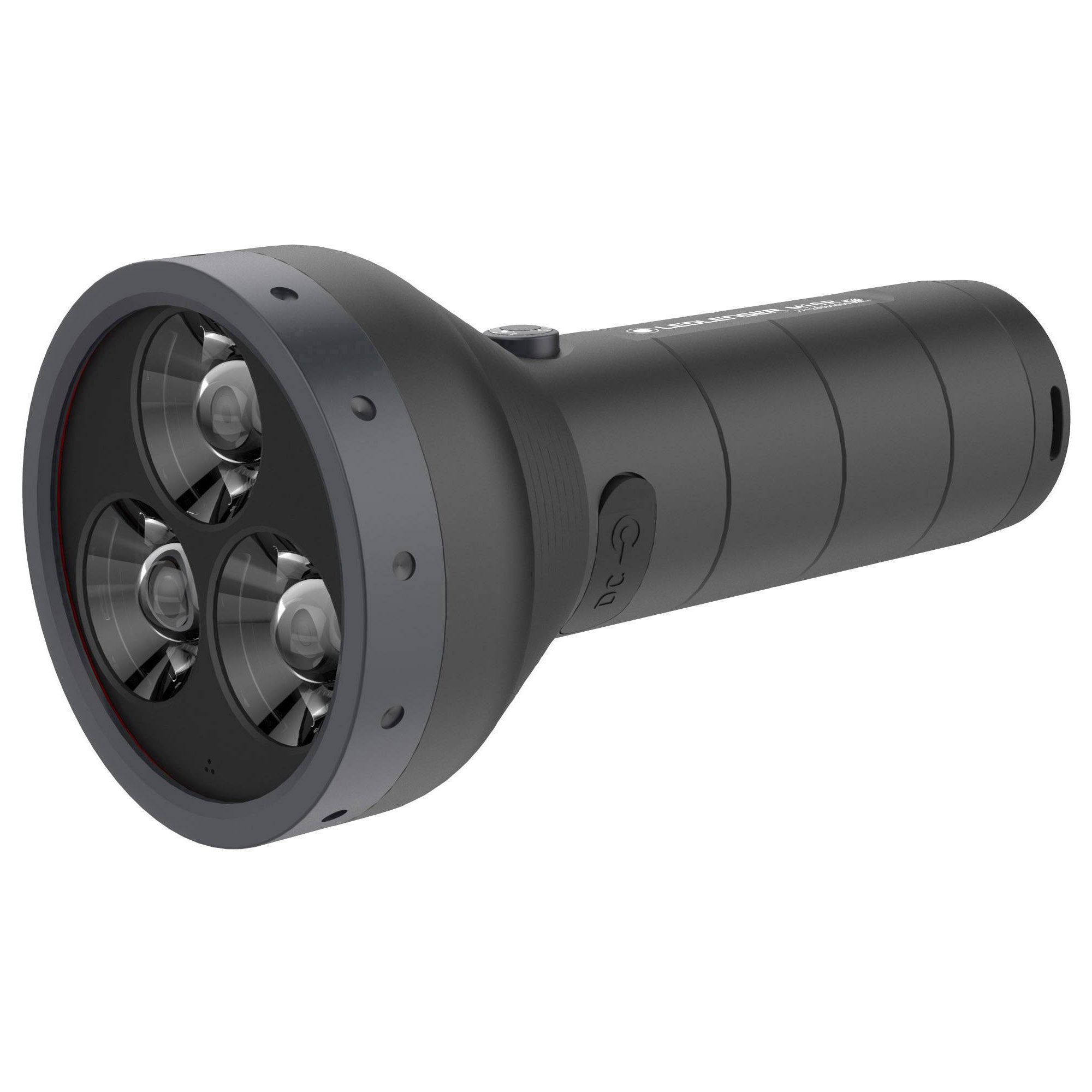 M10R Rechargeable Torch seen from front left with three LED emitters in the circular head and a dark grey body