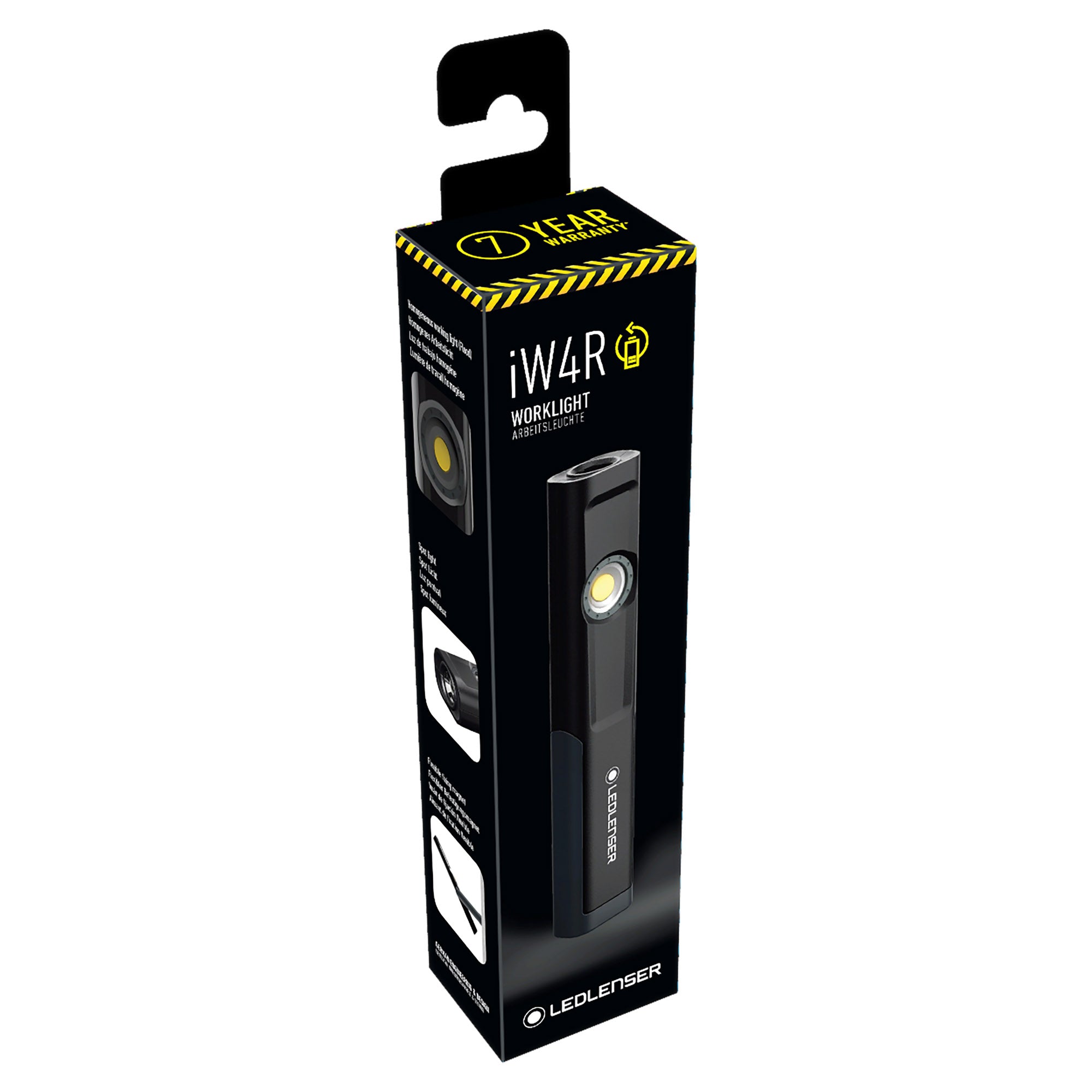 Ledlenser iW4R Work Light packaging box black with yellow hazard stripes showing the handheld work light image