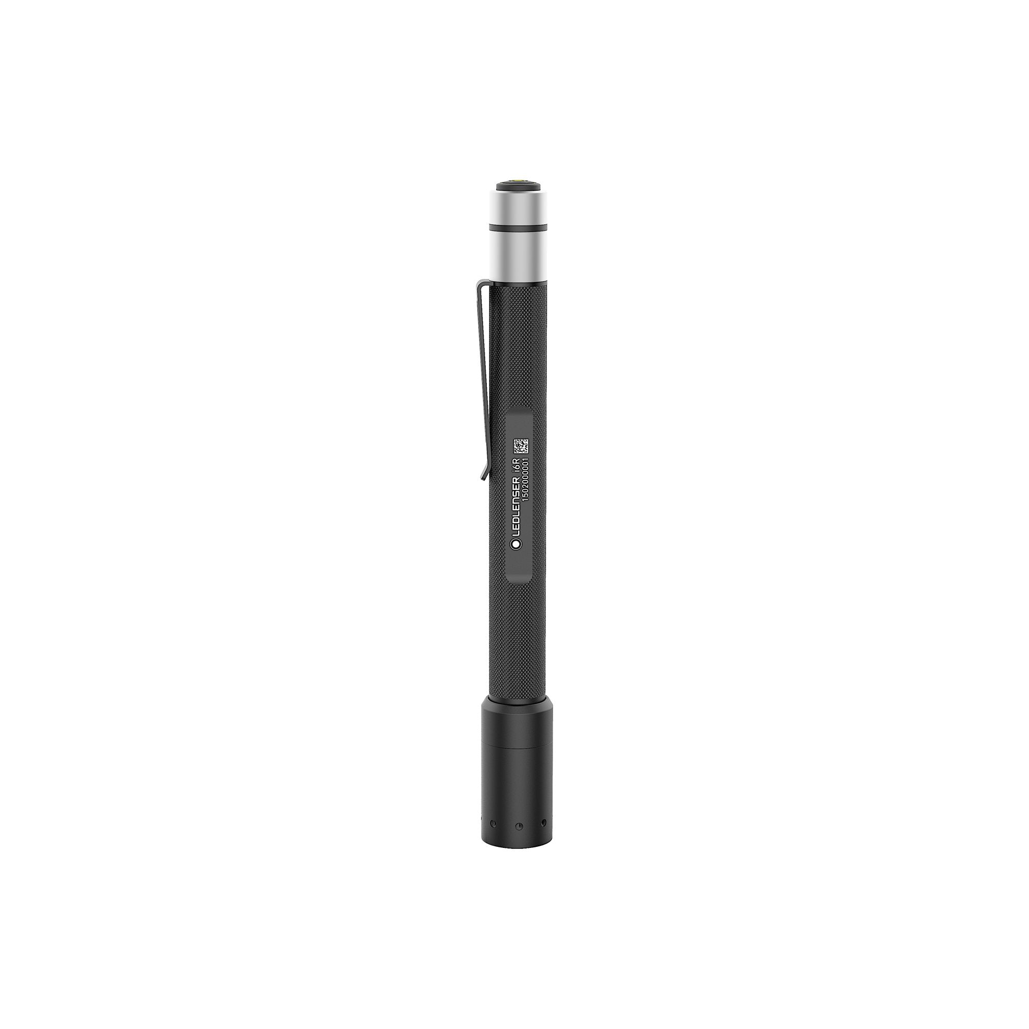 i6R Rechargeable Pen Light shown upright with pocket clip on black textured body and silver top cap