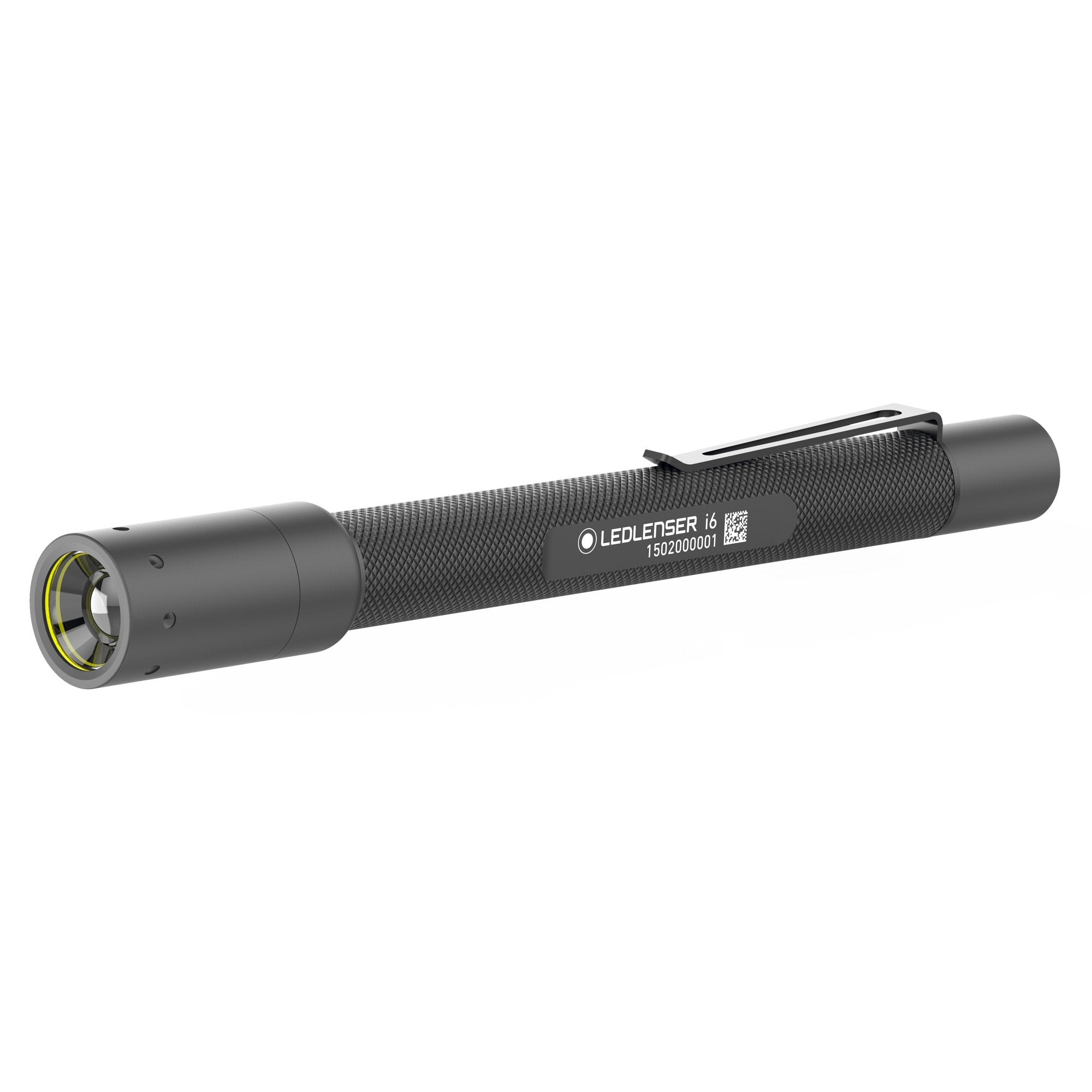 Ledlenser i6 Battery Operated Pen Light angled view showing compact pen shaped flashlight with textured grip and pocket clip