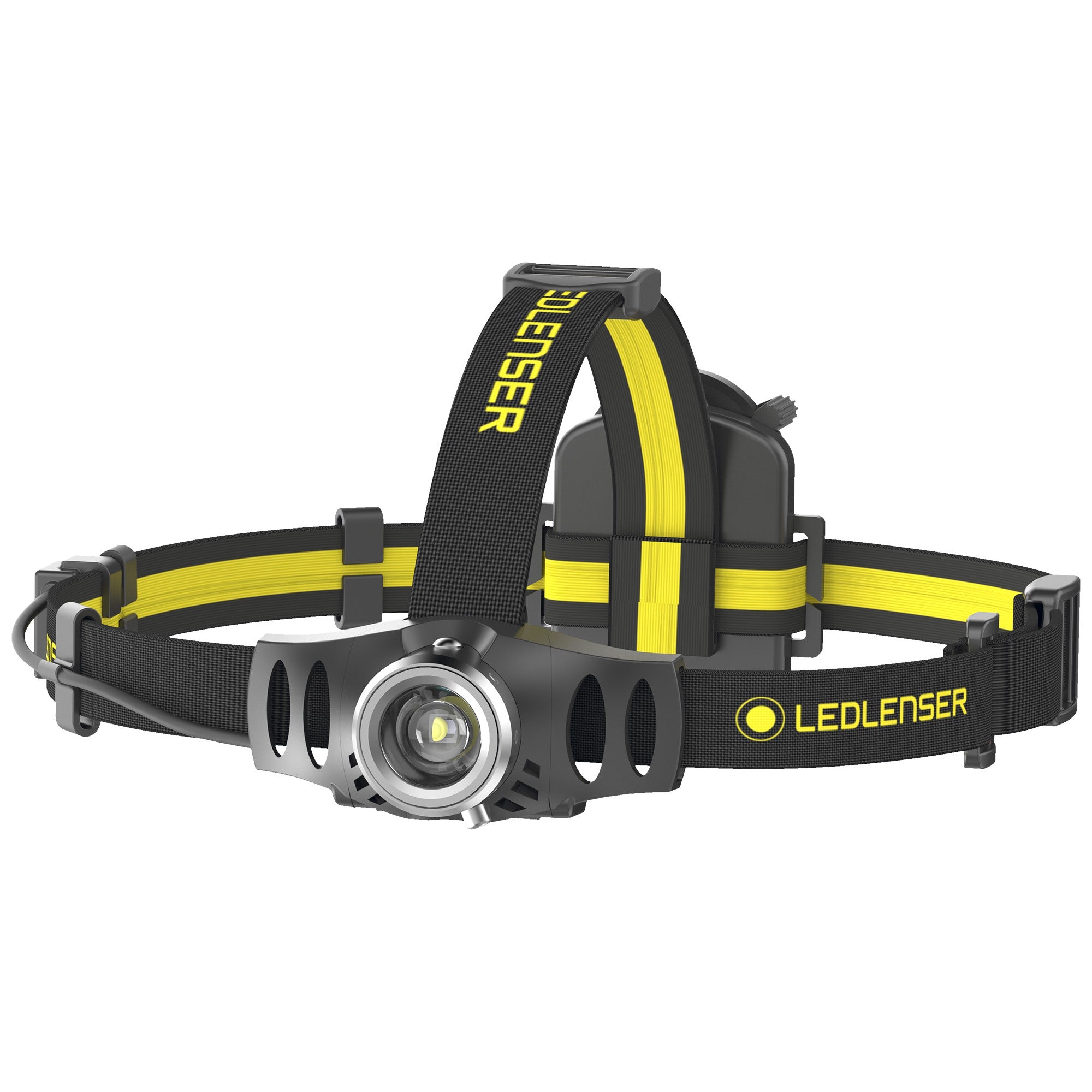 iH6R Rechargeable Headlamp with black and yellow adjustable headband and front LED module worn on the head