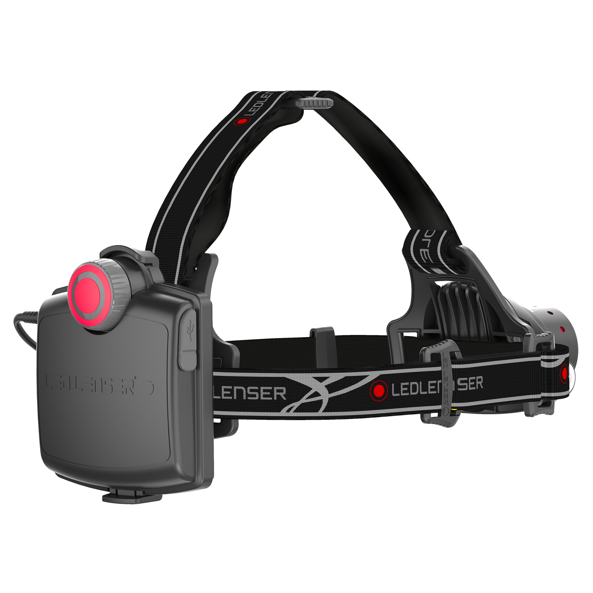 Ledlenser H14R 2 Headlamp with back mounted battery pack black adjustable head strap with branding side switch visible