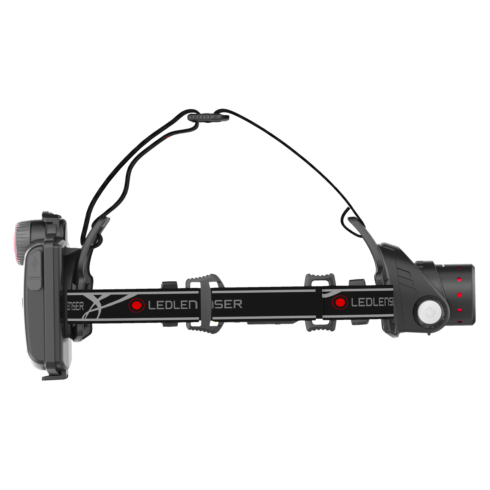 H14R 2 Headlamp with adjustable elastic headband and external battery pack on left black finish with red indicator lights on the battery unit