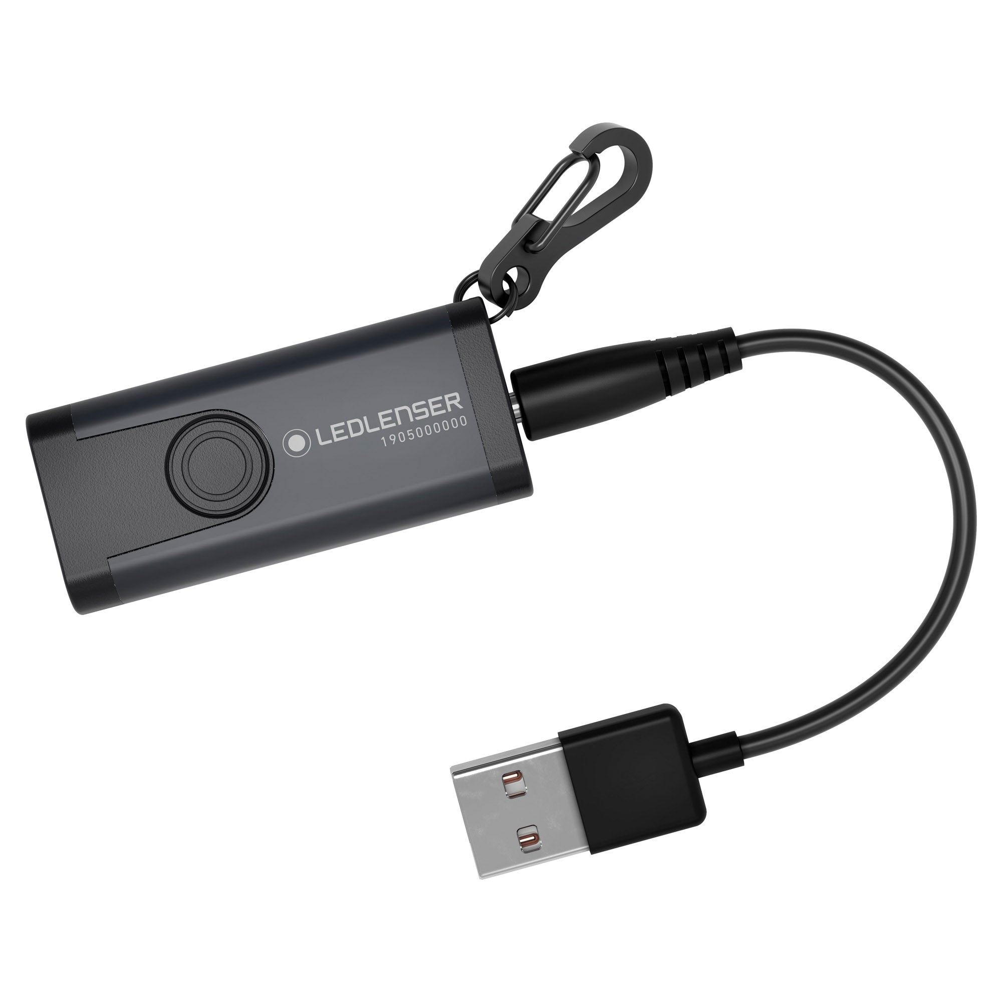 Ledlenser K4R Rechargeable Key Ring Lamp compact grey body with USB A charging cable and metal clip