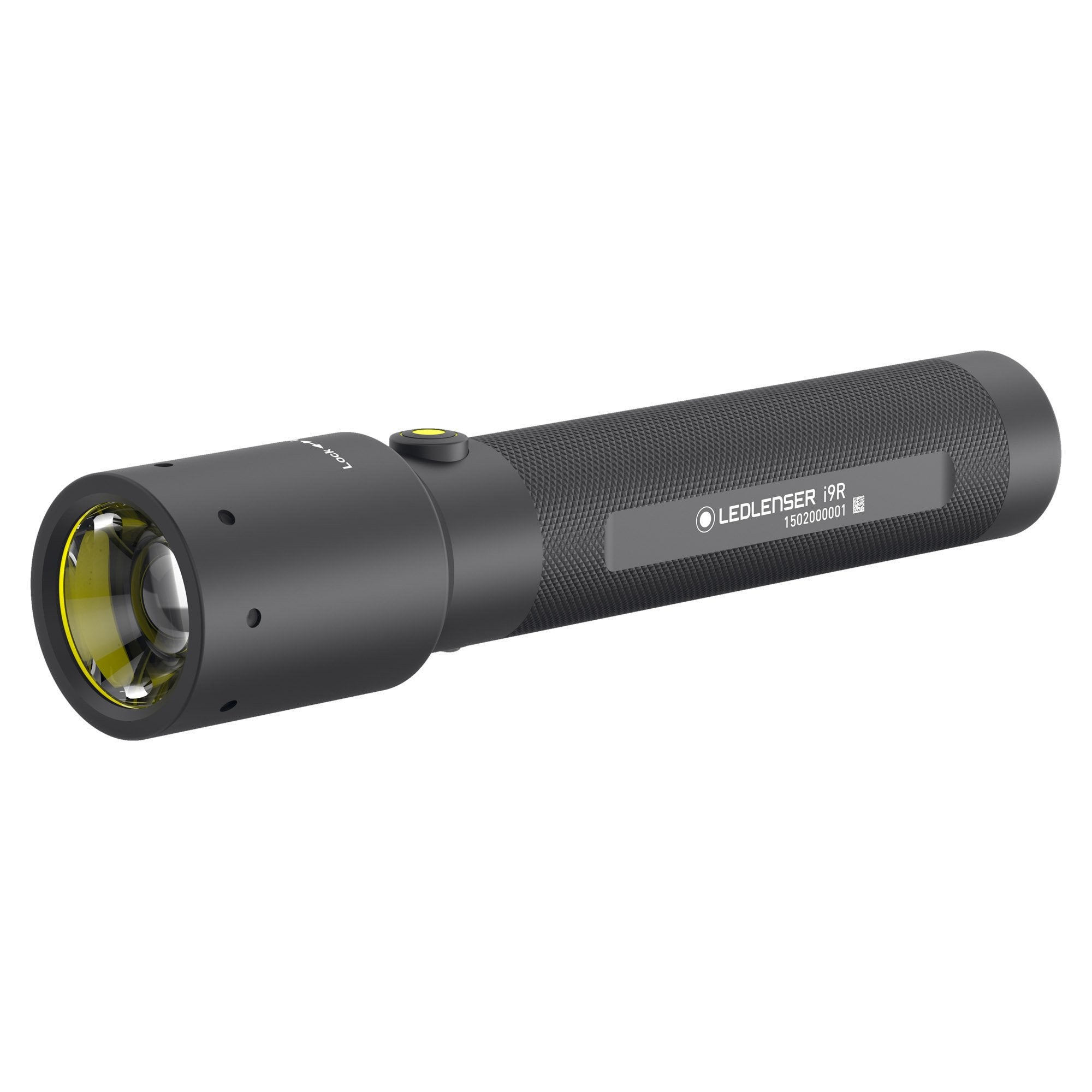 Ledlenser i9R Rechargeable Torch in a side angle view compact black handheld flashlight with yellow lens ring and textured grip