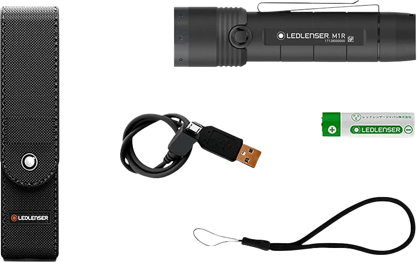 Ledlenser M1R Rechargeable Torch with USB charging cable spare battery green battery module and wrist strap along with a left side textured holster holder