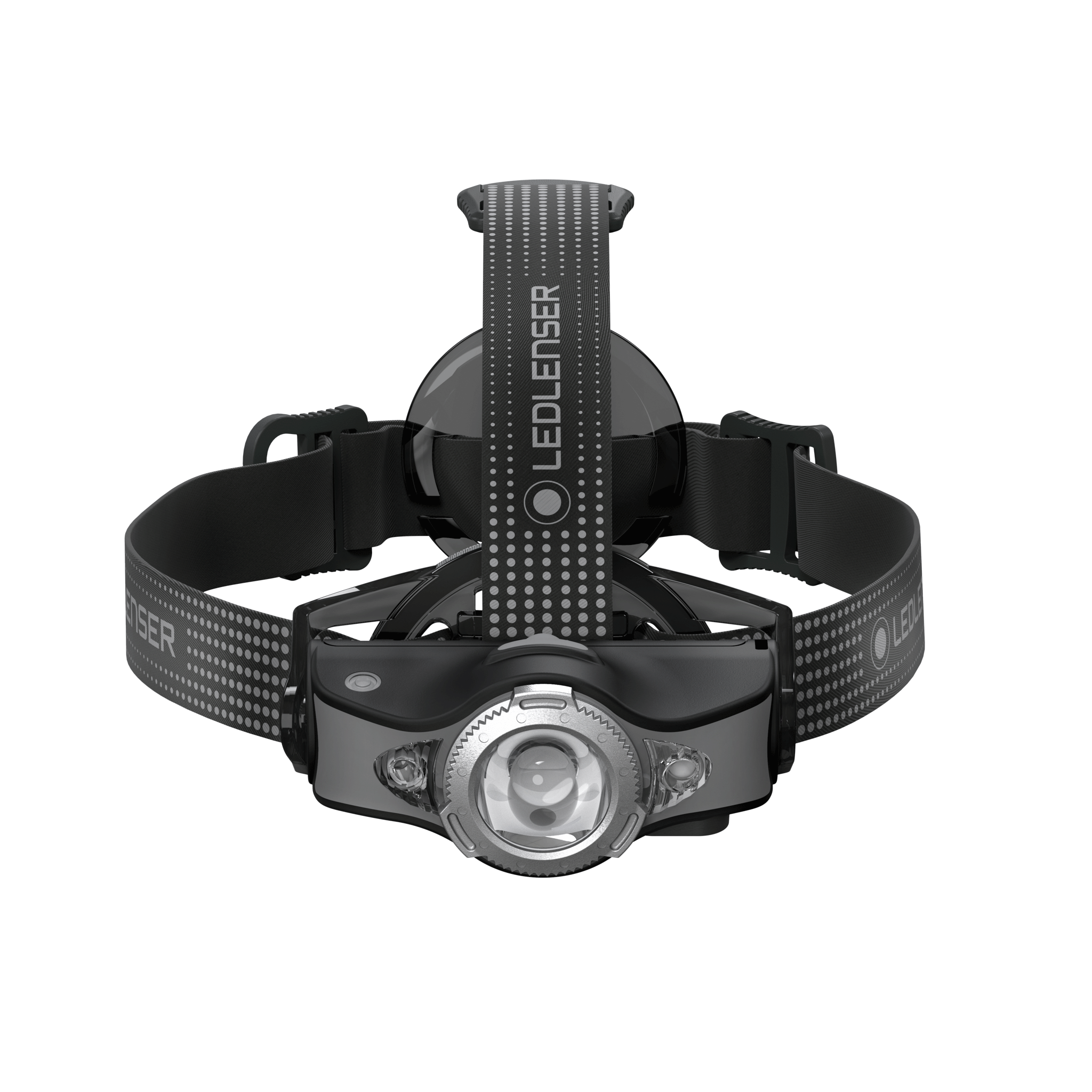 Ledlenser MH11 outdoor headlamp with adjustable headband and front lamp black and grey head on view