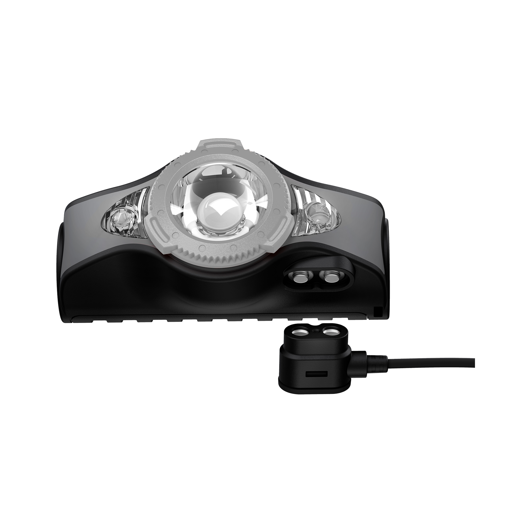 Ledlenser MH11 outdoor headlamp with central circular lens and two side LEDs black gray finish with magnetic charger