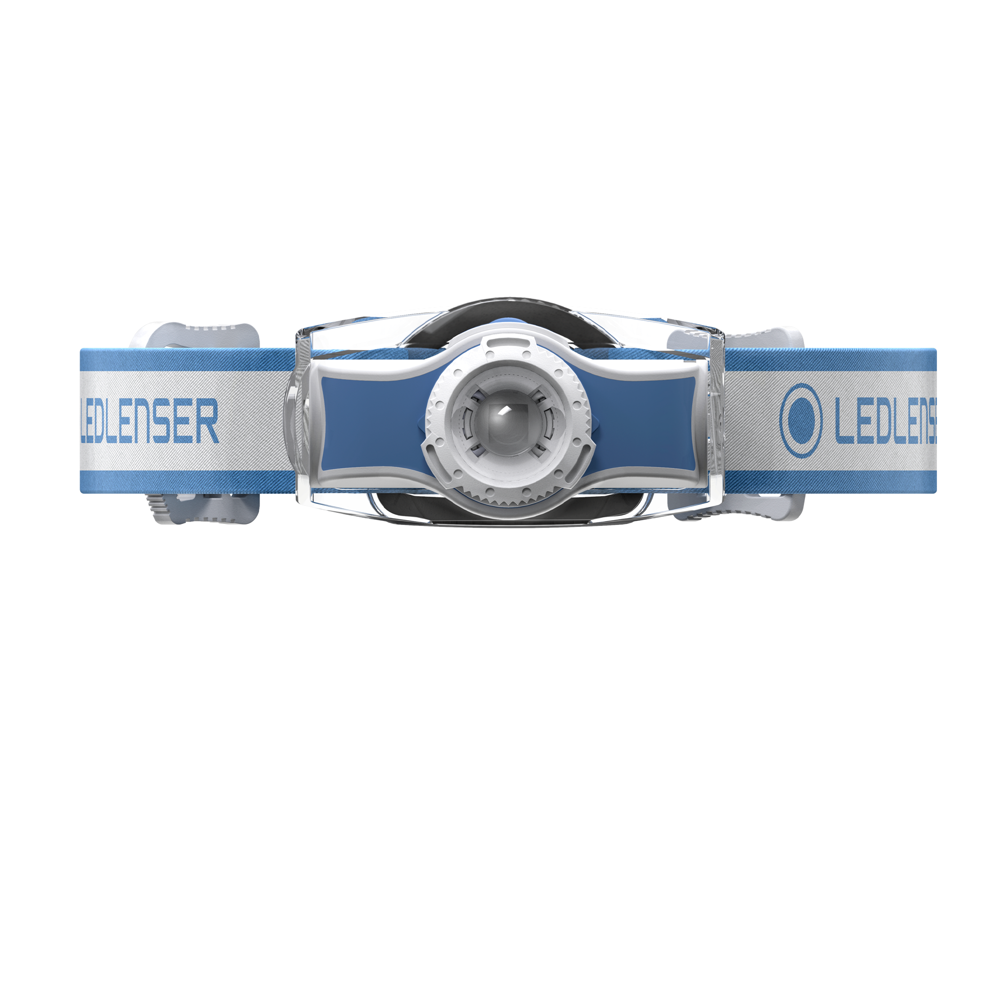 Ledlenser MH3 Headlamp mounted on a blue and white headband with a central circular LED lens and adjustable strap