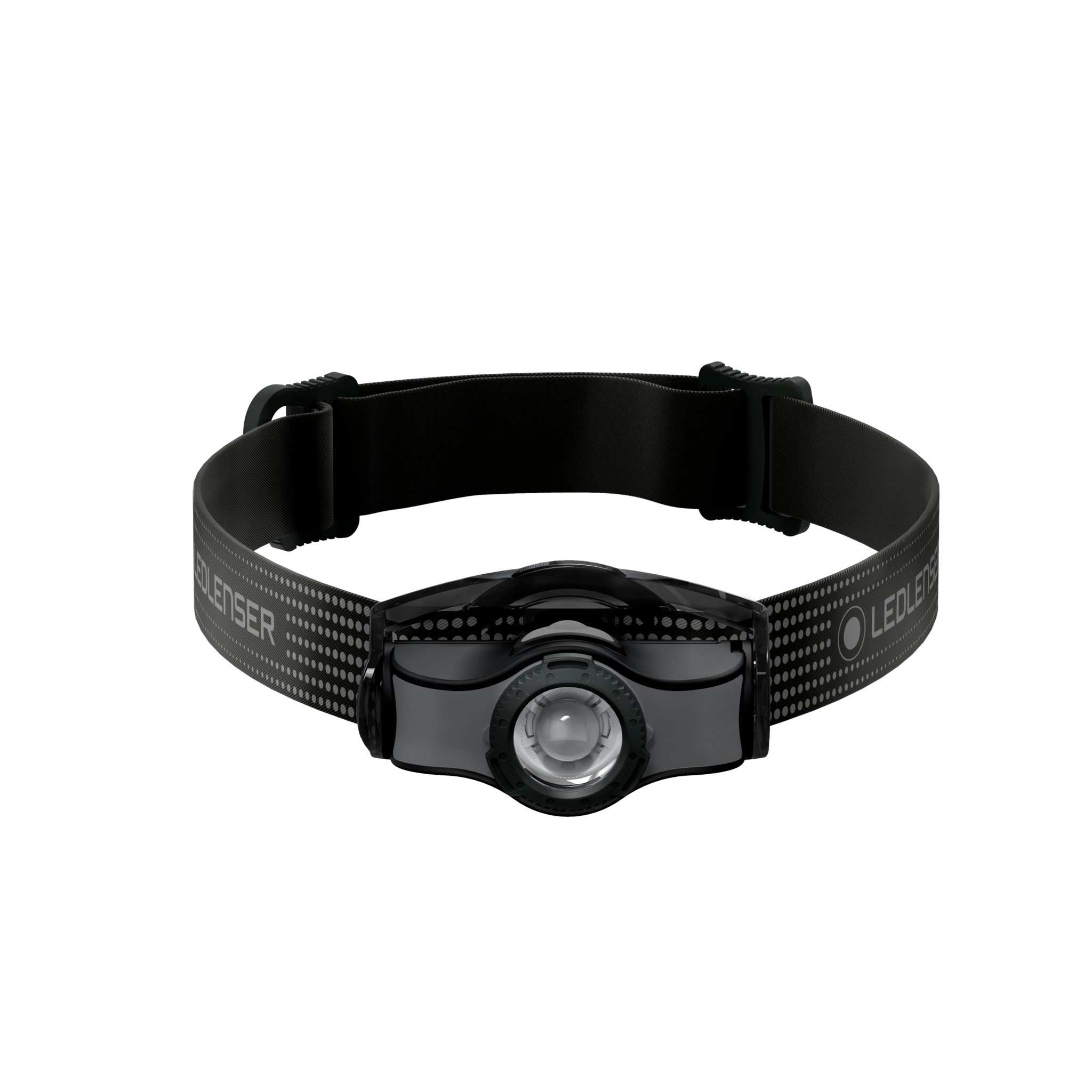 MH3 Headlamp by Ledlenser with black adjustable head strap and compact front light shown from the front