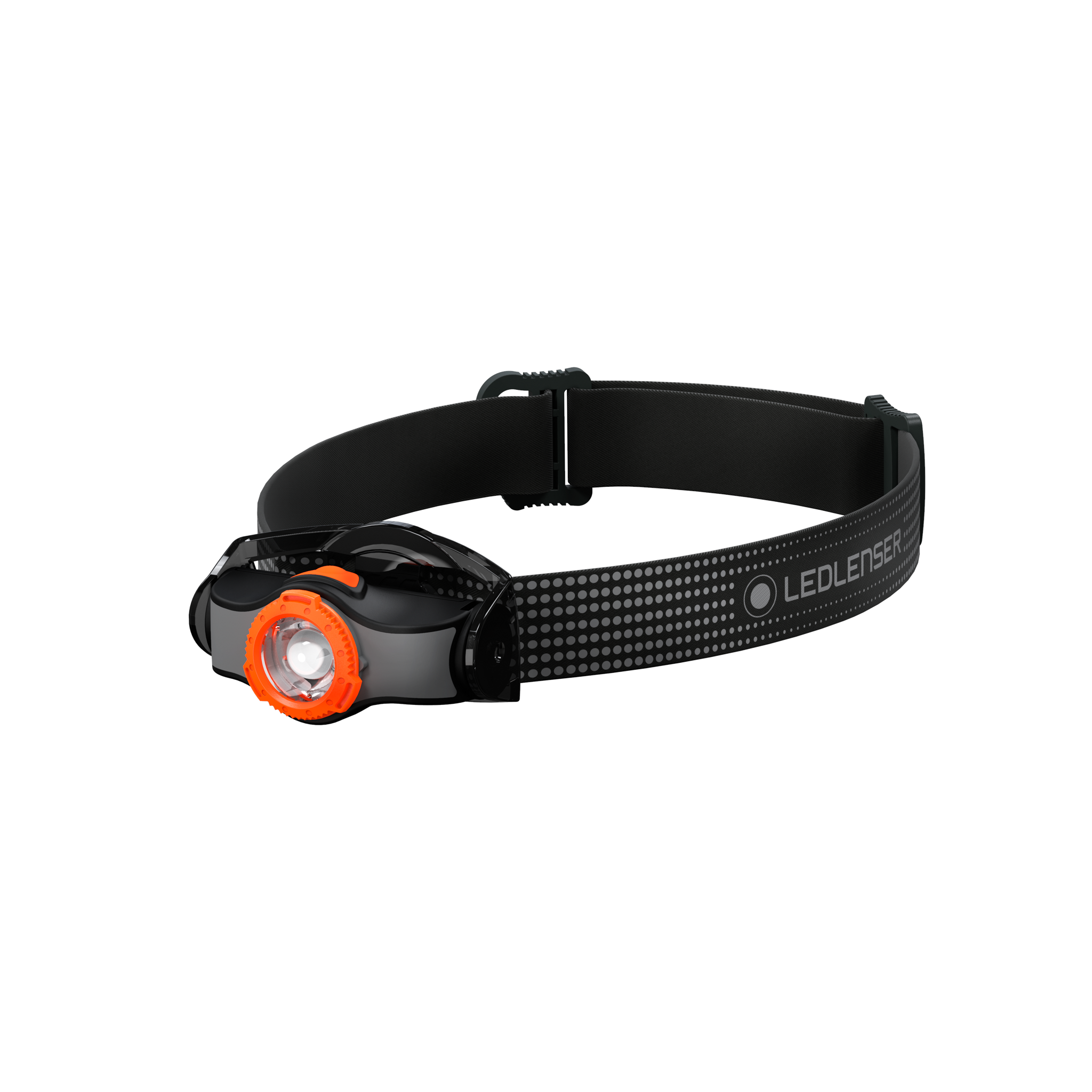 Ledlenser MH3 Headlamp with black headband and orange bezel front view showing mounted strap and compact lighting unit