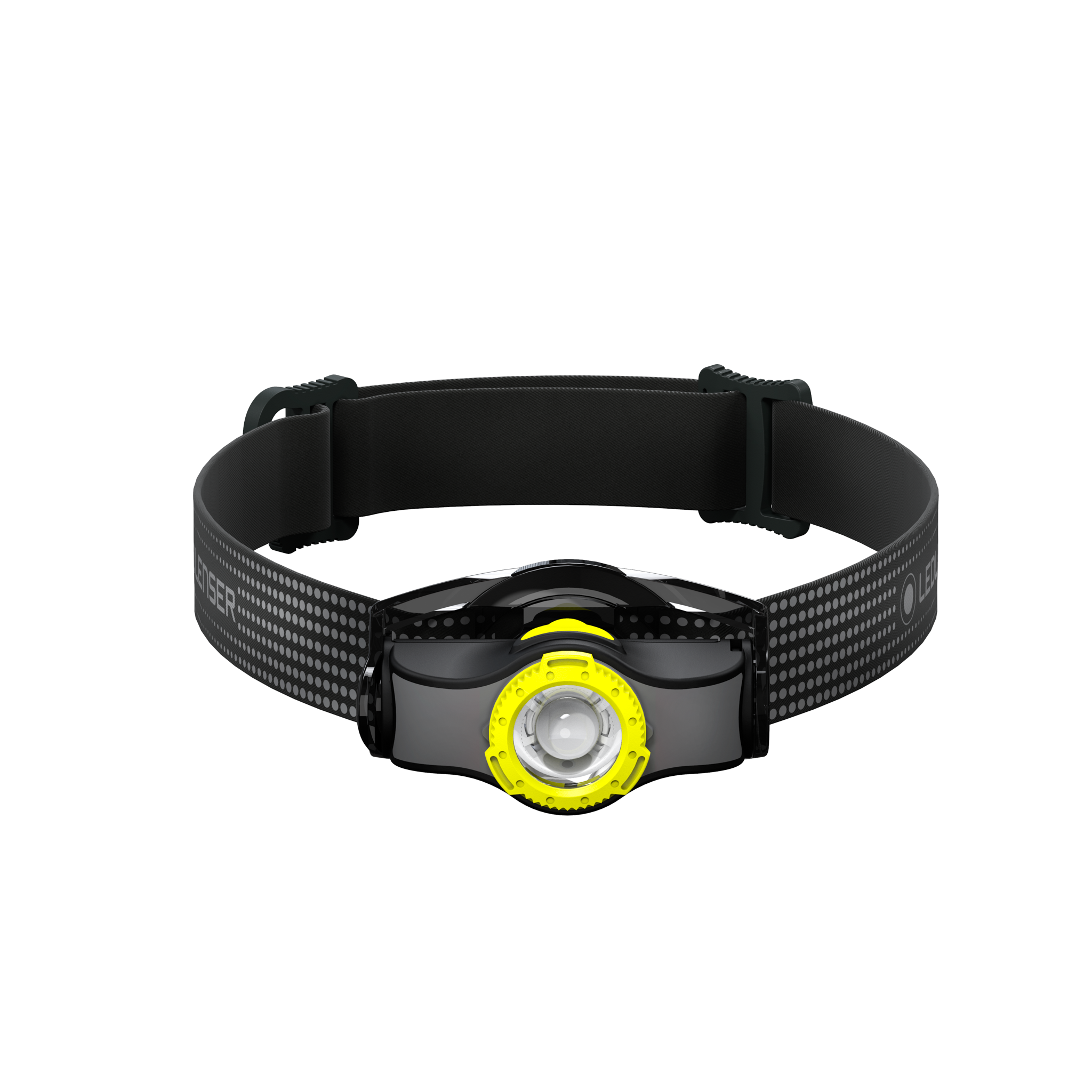 Ledlenser MH3 Headlamp with black adjustable headband and yellow ring front view of a compact rechargeable unit