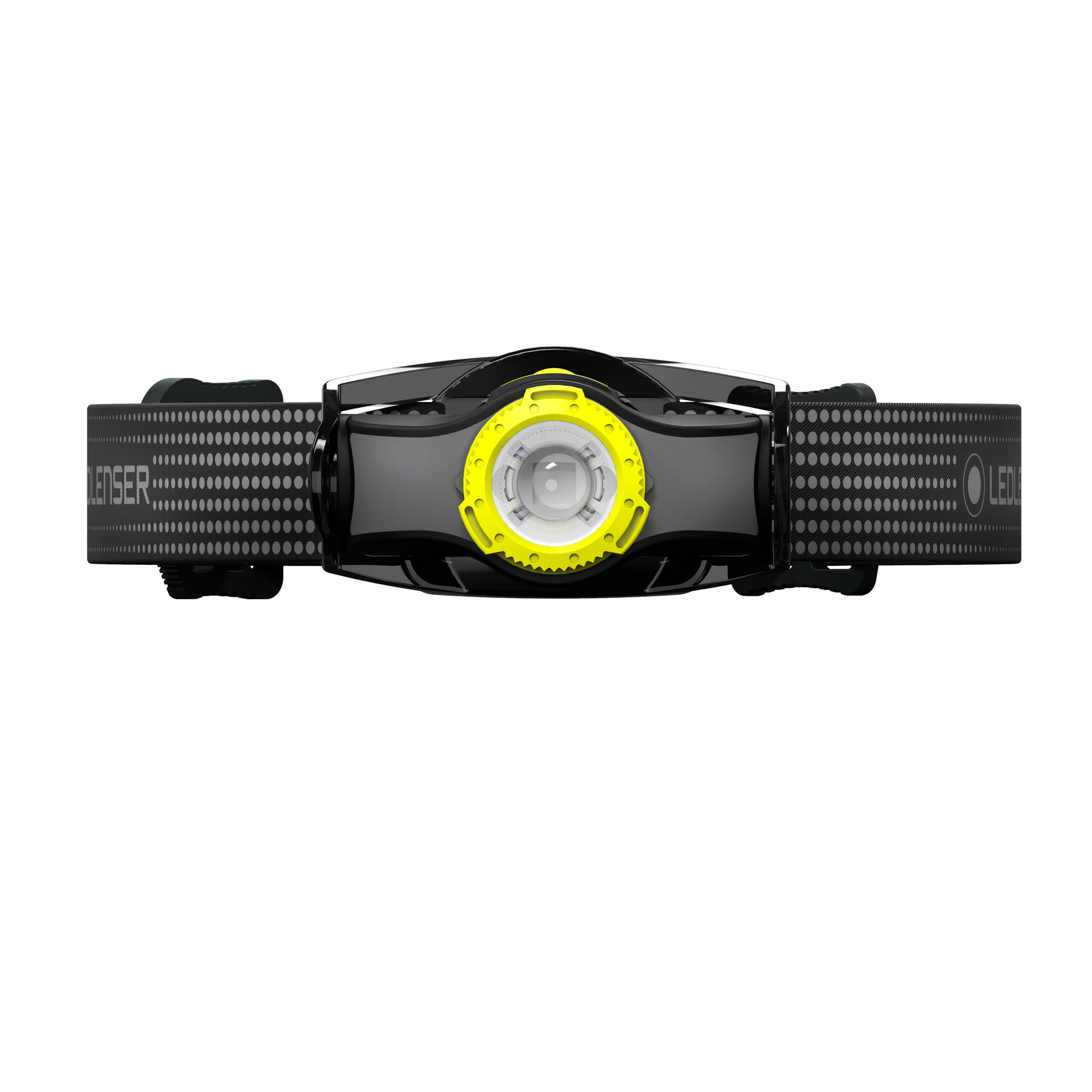 MH3 Headlamp viewed from front with yellow focus ring black headband featuring a dotted pattern and Ledlenser branding