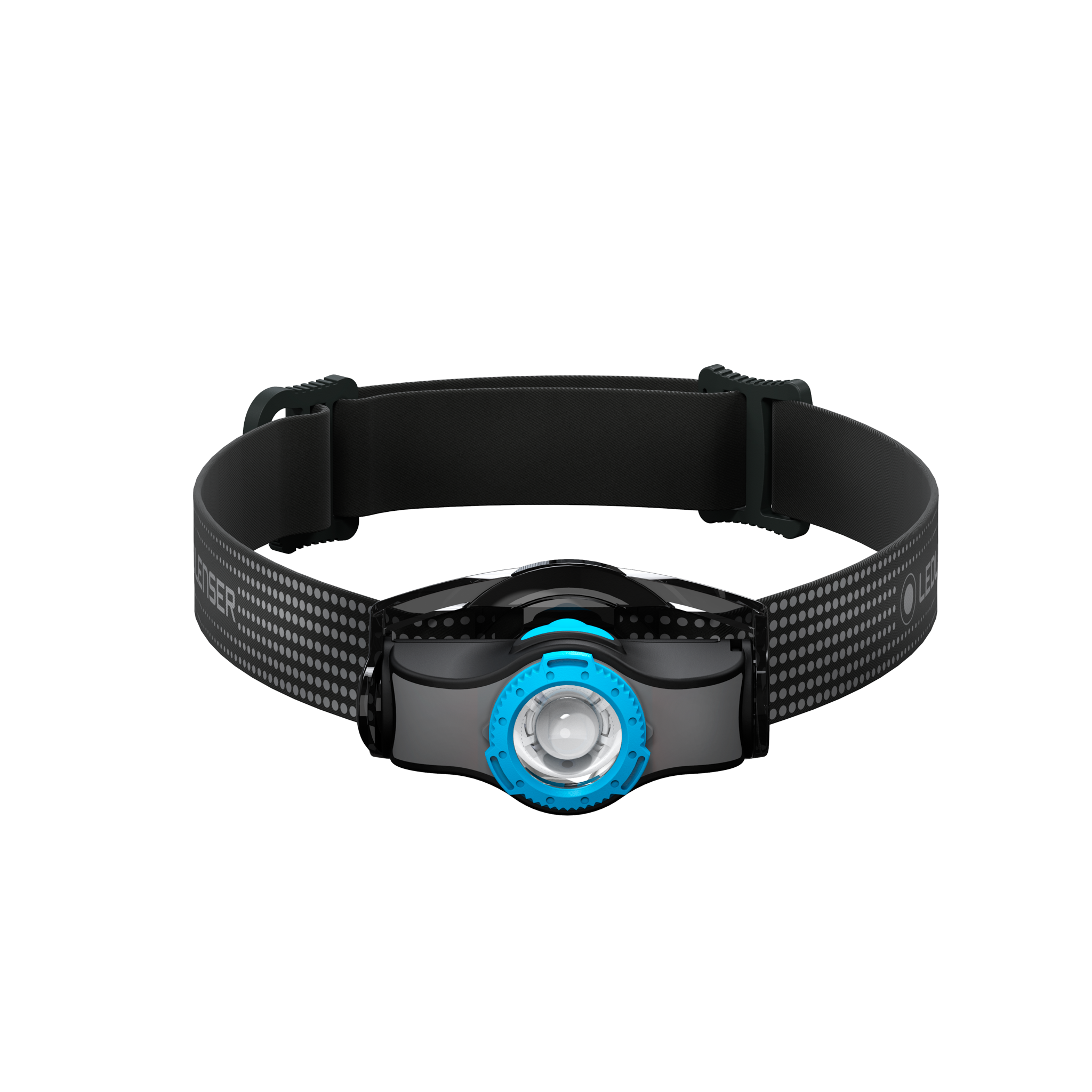 MH3 Headlamp by Ledlenser with black adjustable headband and blue bezel front view