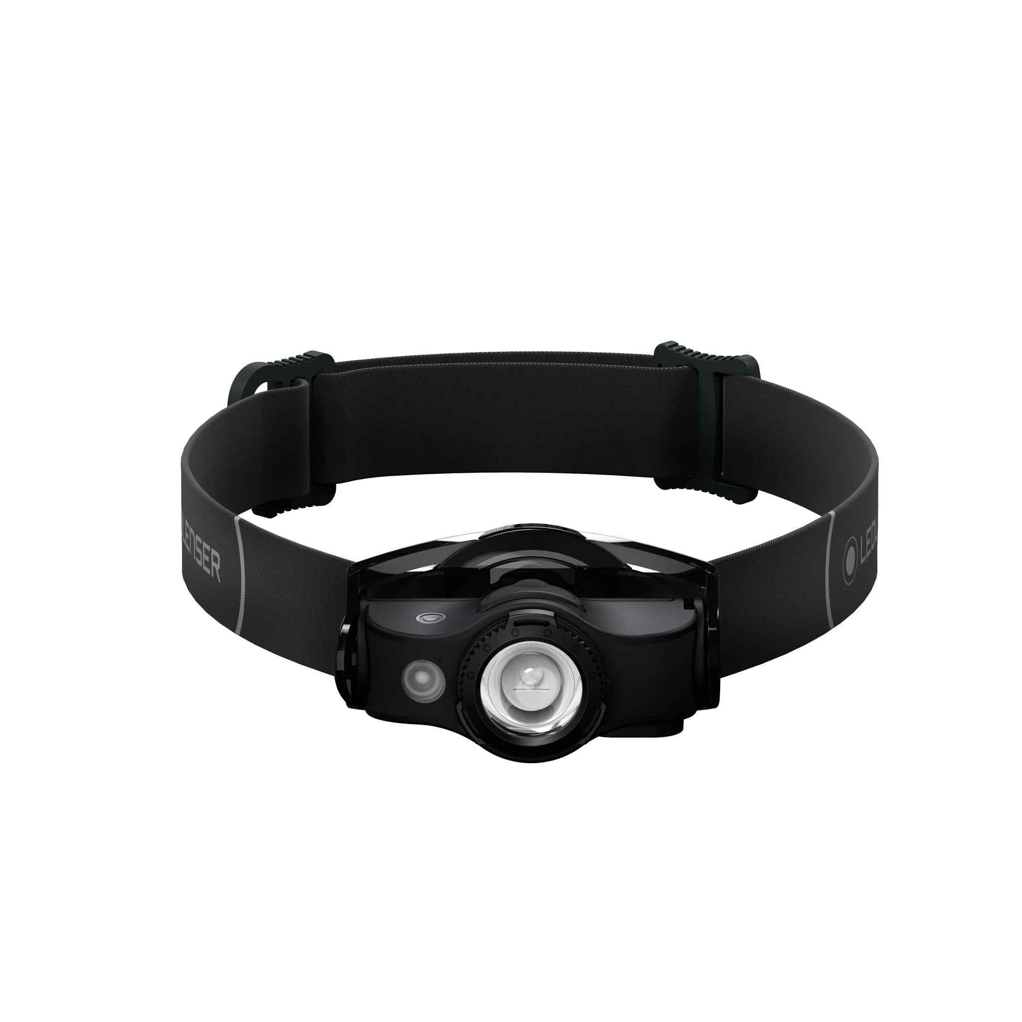MH4 Outdoor Headlamp on black headband front view showing rechargeable unit and integrated LED