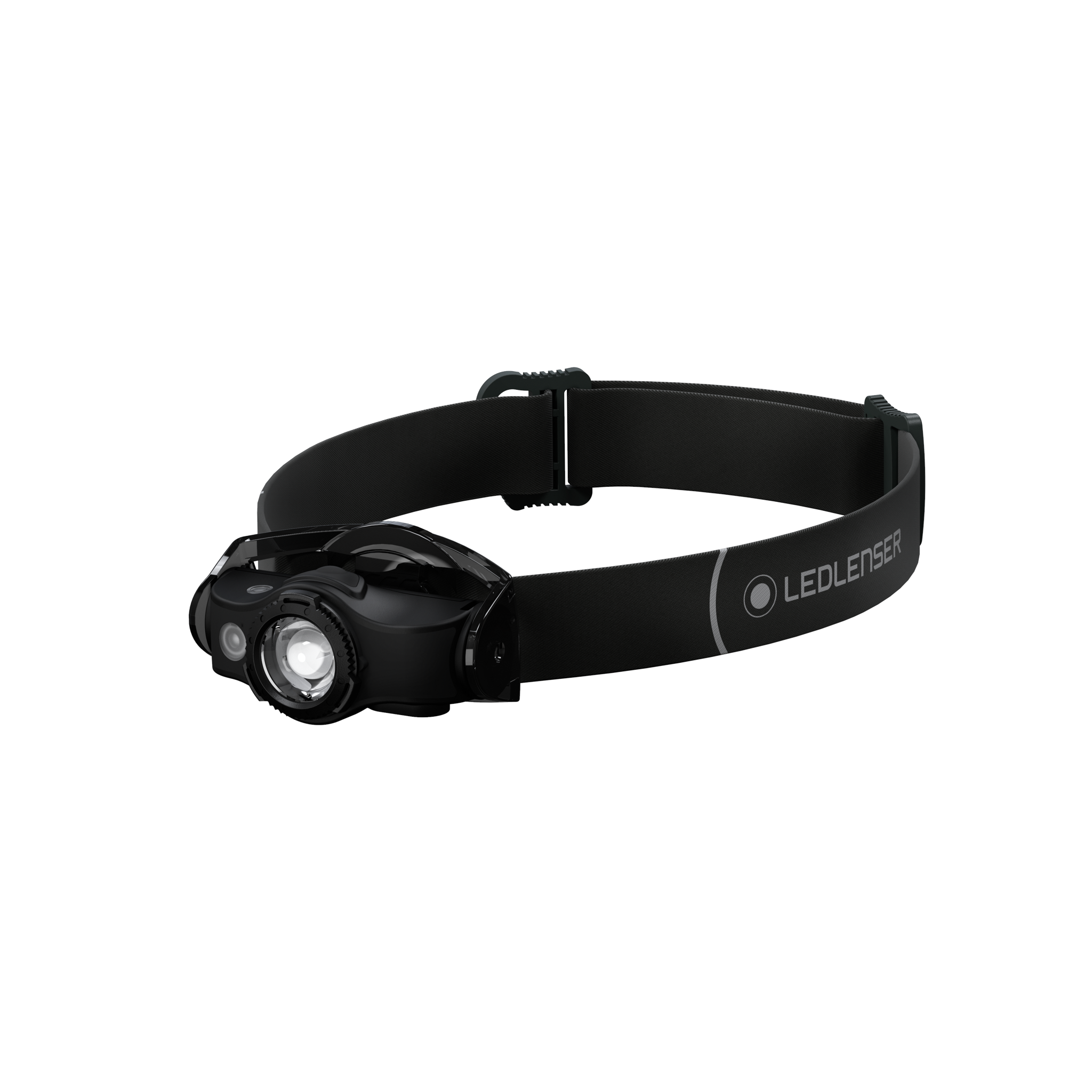 MH4 Powercase Combo headlamp with charging case mounted on black adjustable headband Ledlenser logo visible