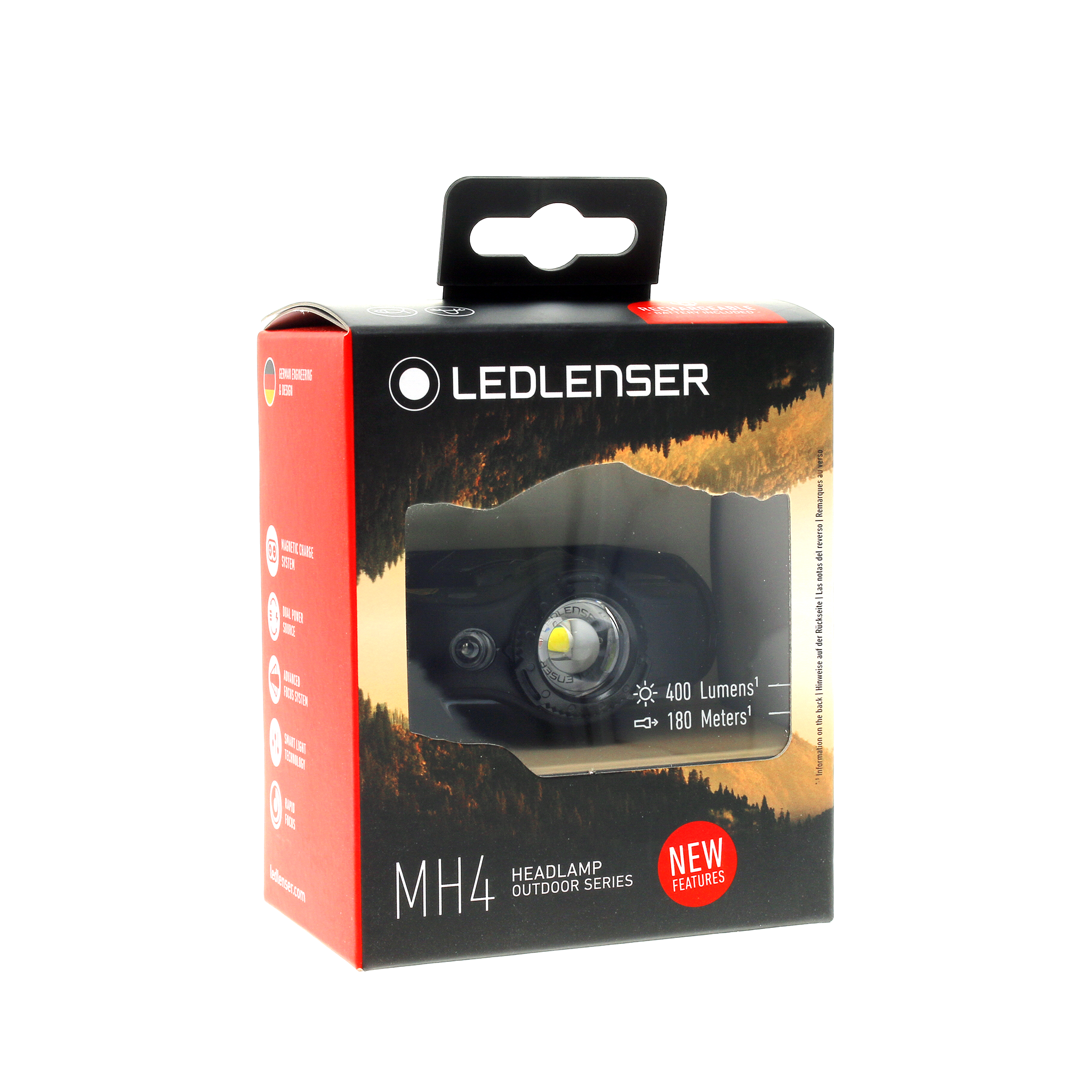 Ledlenser MH4 Outdoor Headlamp packaging angled front view with a window revealing the compact headlamp inside