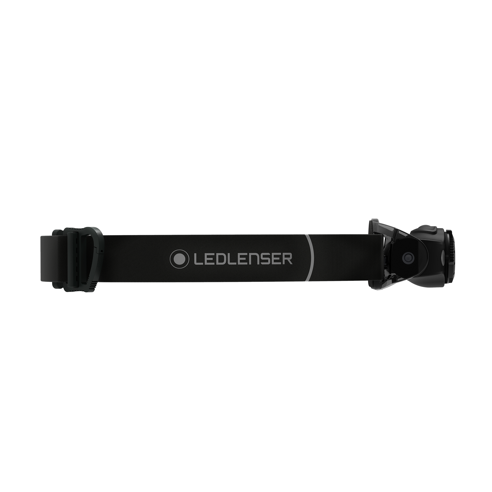 Ledlenser MH4 Outdoor Headlamp lying horizontally with adjustable head strap and black compact headlamp housing