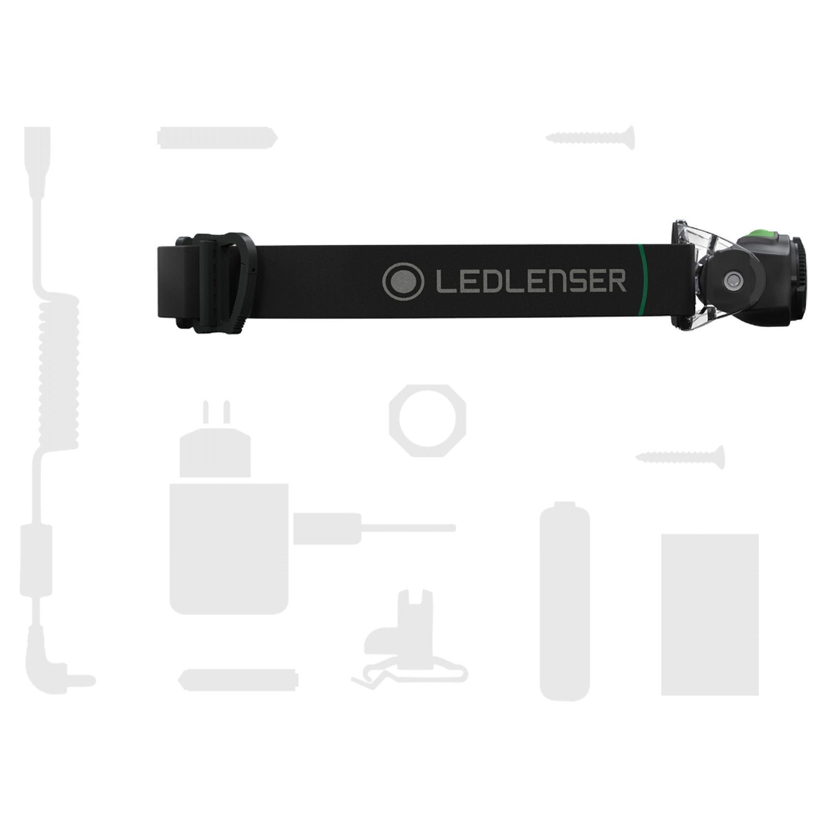 MH4 Black Battery Operated Torch mounted on an adjustable head strap with Ledlenser branding