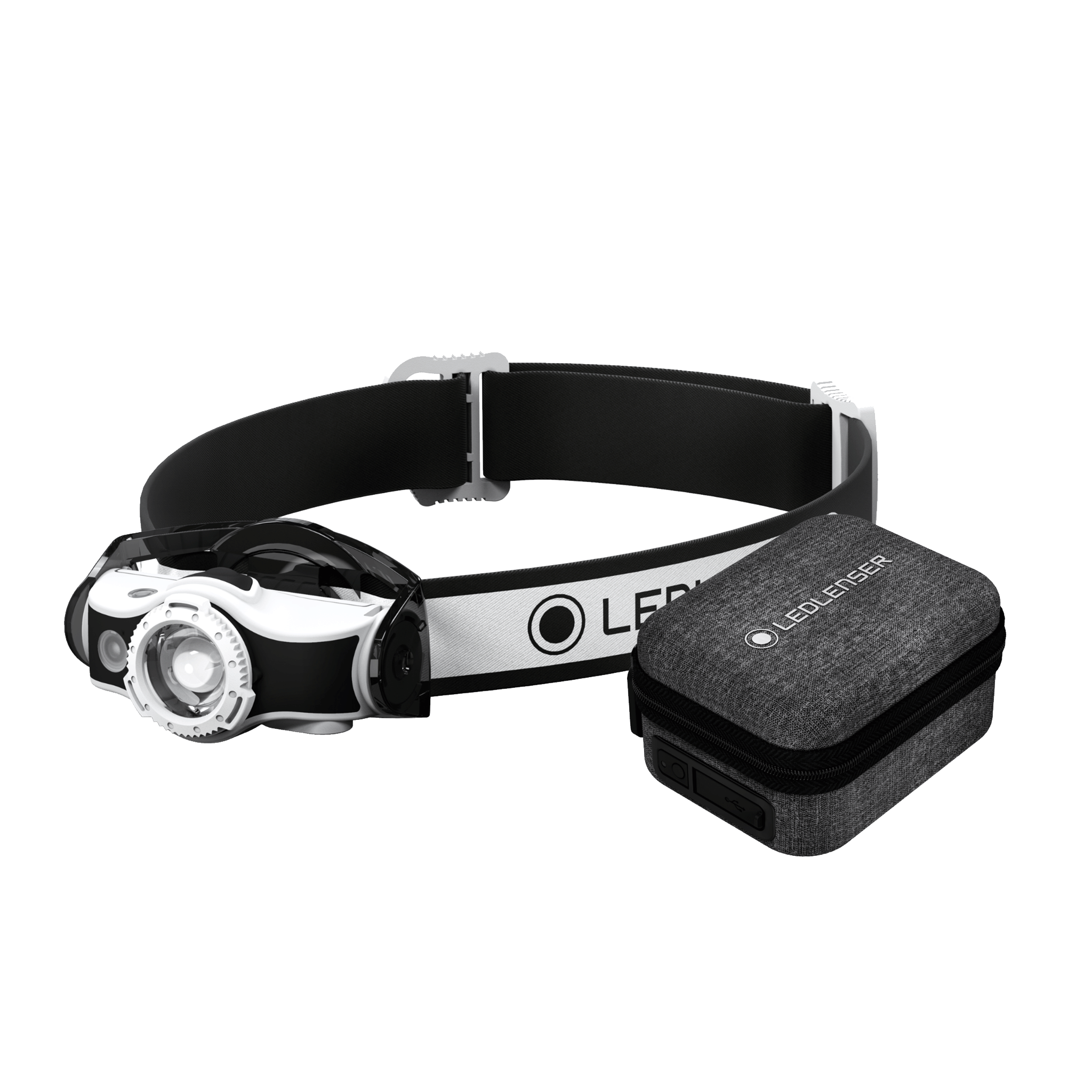 MH5 Powercase Combo headlamp with adjustable strap shown beside a grey fabric charging case front view