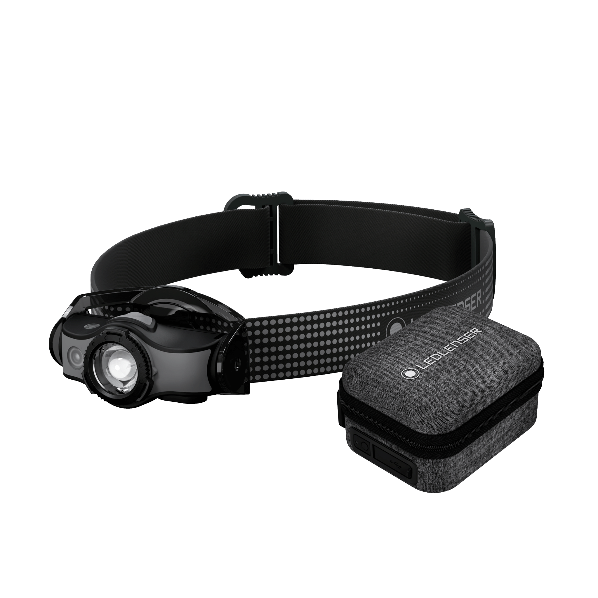 MH5 Powercase Combo Headlamp & Charging Case Ledlenser headlamp with black strap shown beside a grey fabric charging case