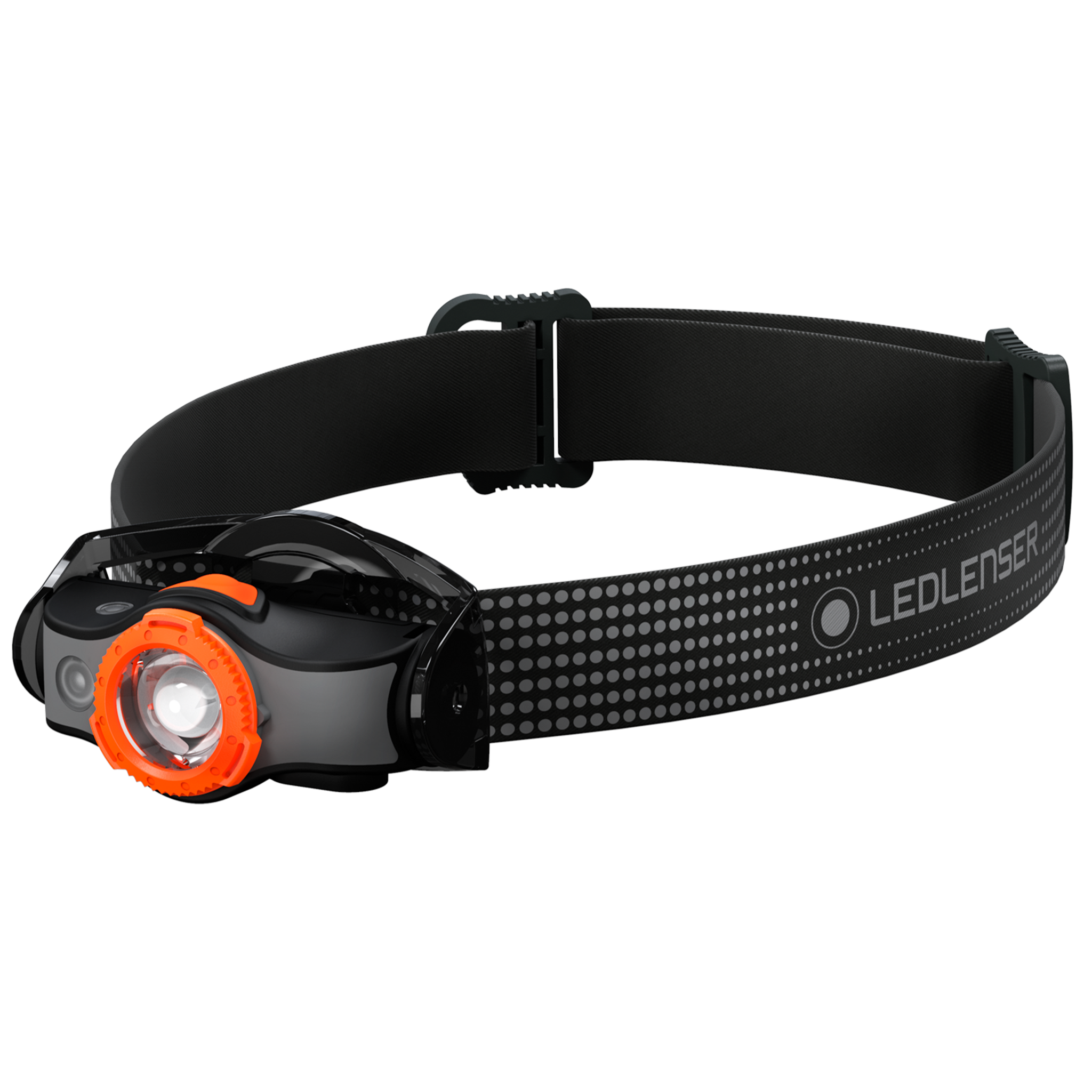 MH5 Outdoor Headlamp with black adjustable head strap and orange bezel shown worn on the head