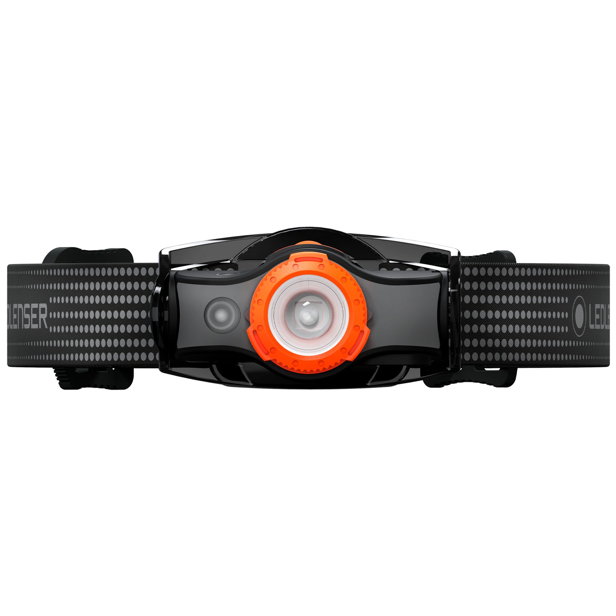 MH5 Outdoor Headlamp by Ledlenser with black adjustable headband and orange front LED housing front view