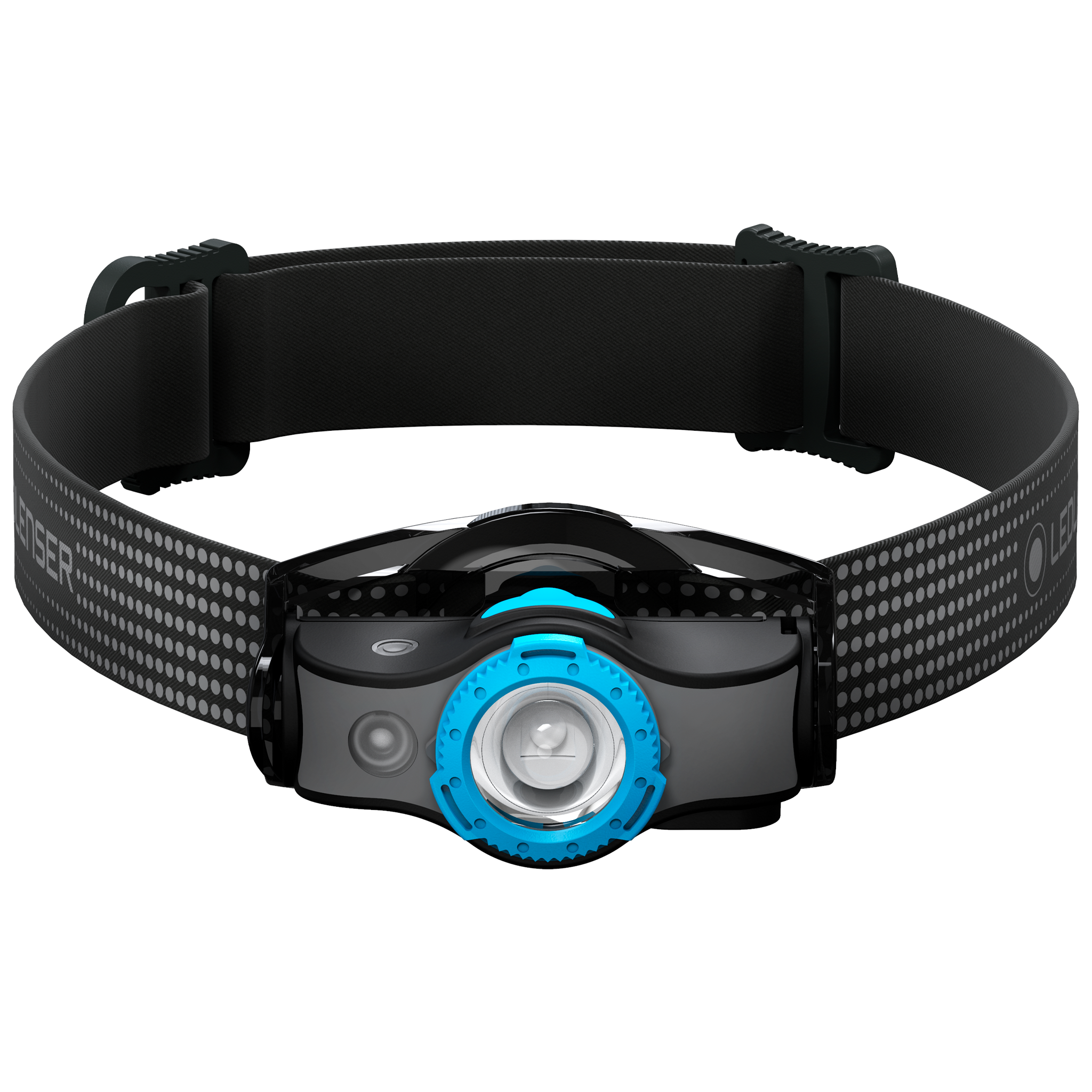Ledlenser MH5 Outdoor Headlamp with black adjustable headband and blue bezel front facing LED and battery housing visible