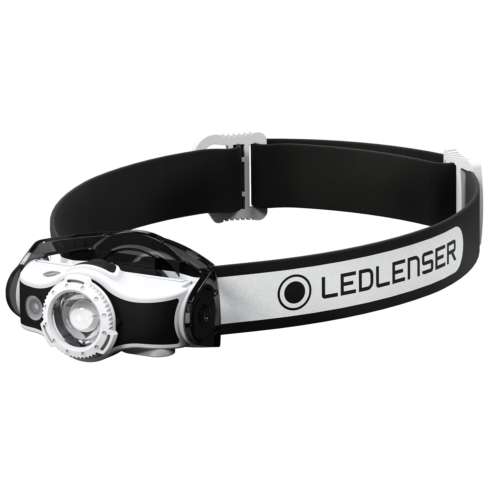 MH5 Outdoor Headlamp on a black adjustable headband with white front housing and visible LED bezel