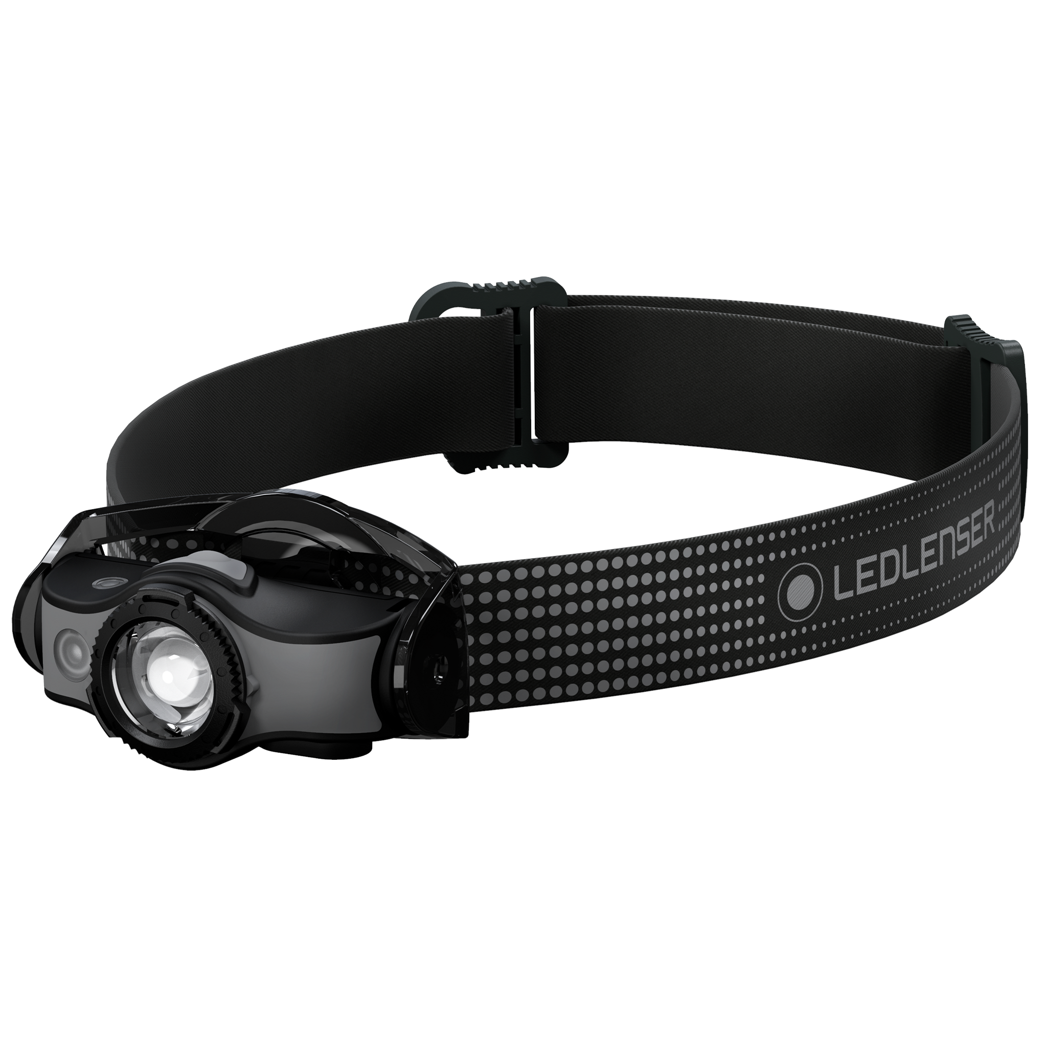 MH5 Outdoor Headlamp on a black adjustable headband with front LED lens and control housing