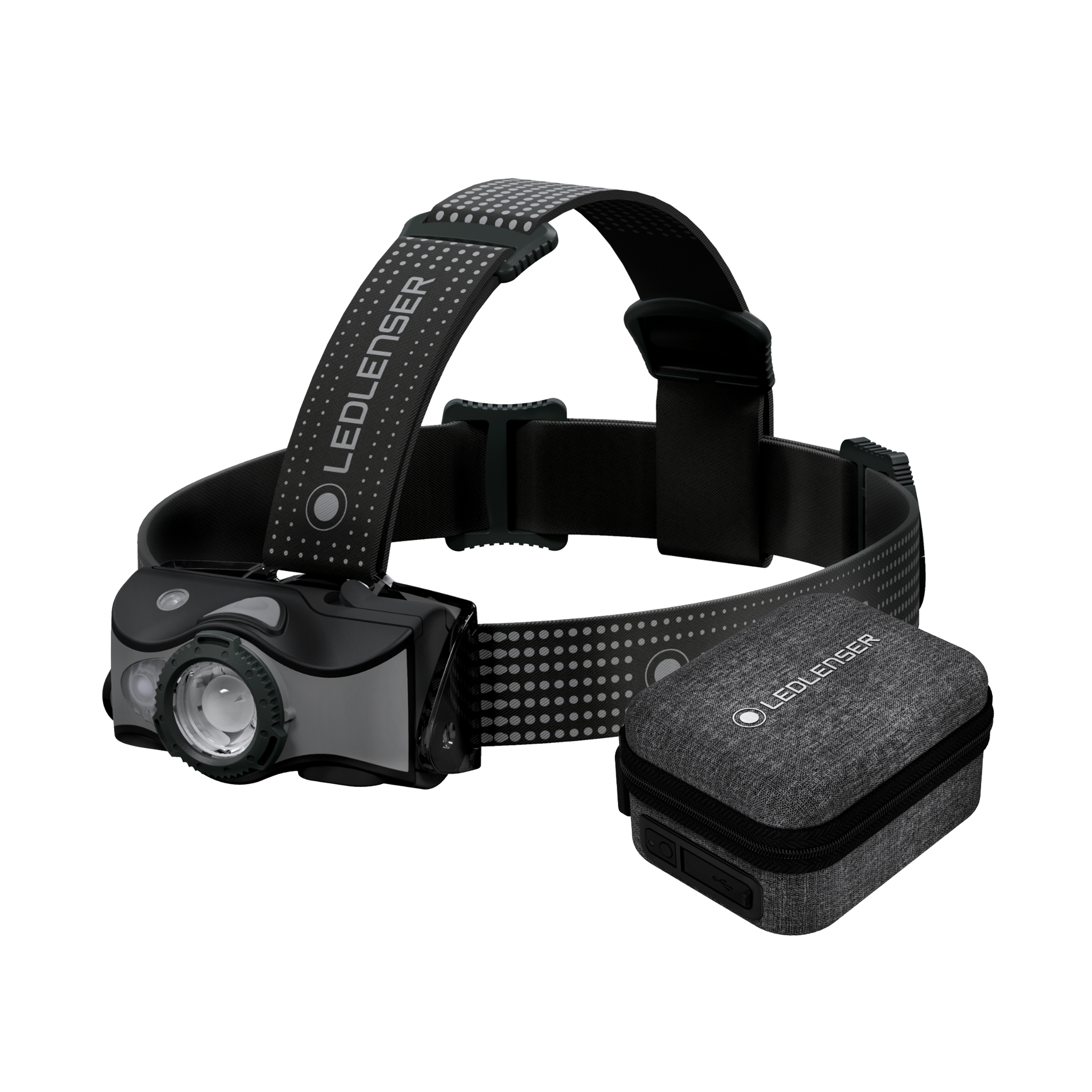MH7 Powercase Combo headlamp with adjustable strap and attached charging case; black and dark grey design with LED lamp and fabric carry case