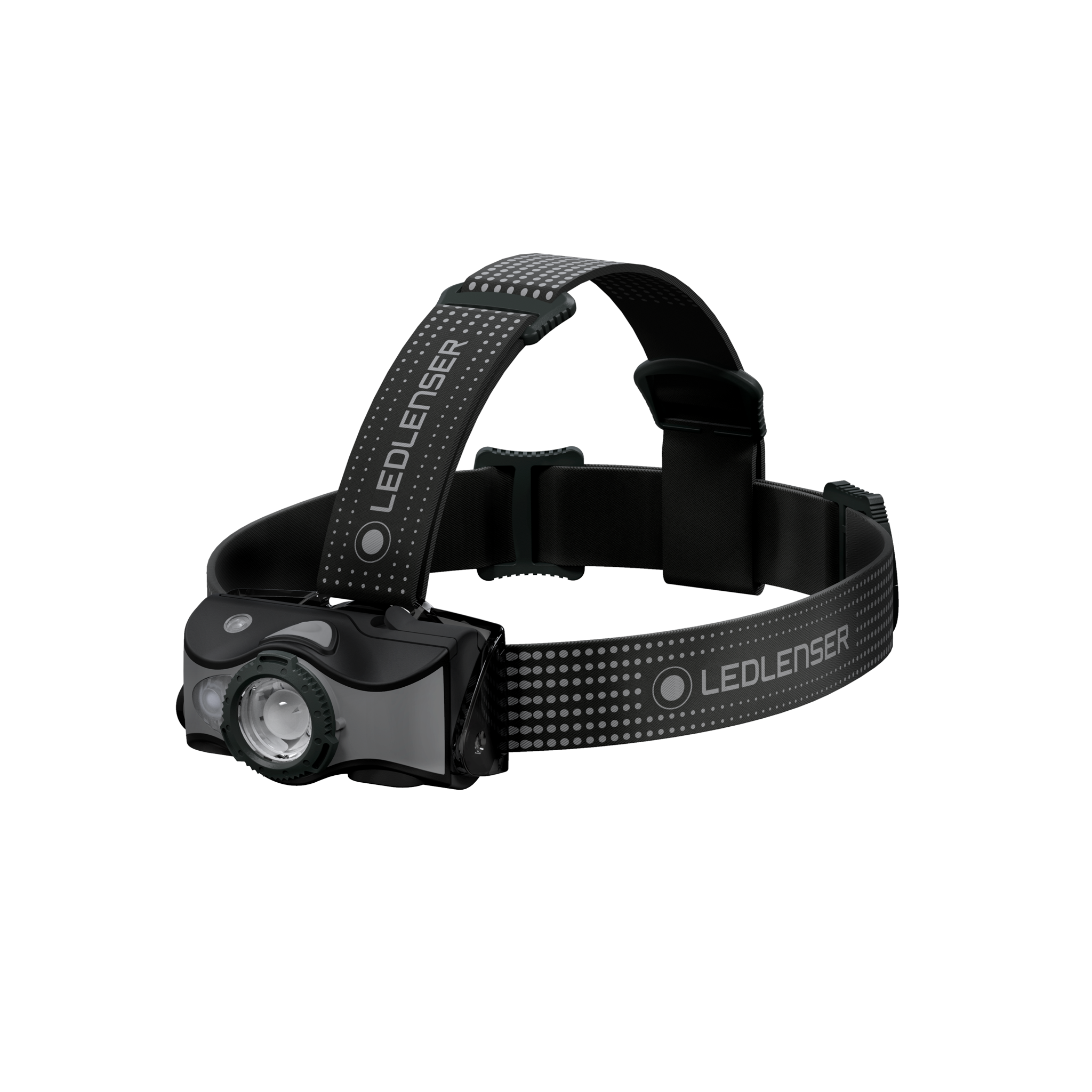 Ledlenser MH7 Outdoor Headlamp with compact front light and adjustable black headband shown mounted for hands free use