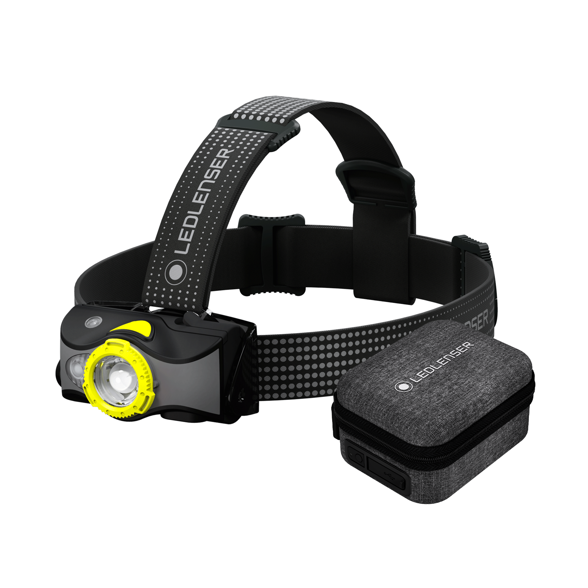 Ledlenser MH7 Powercase Combo headlamp with charging case black headband yellow bezel and compact storage pouch