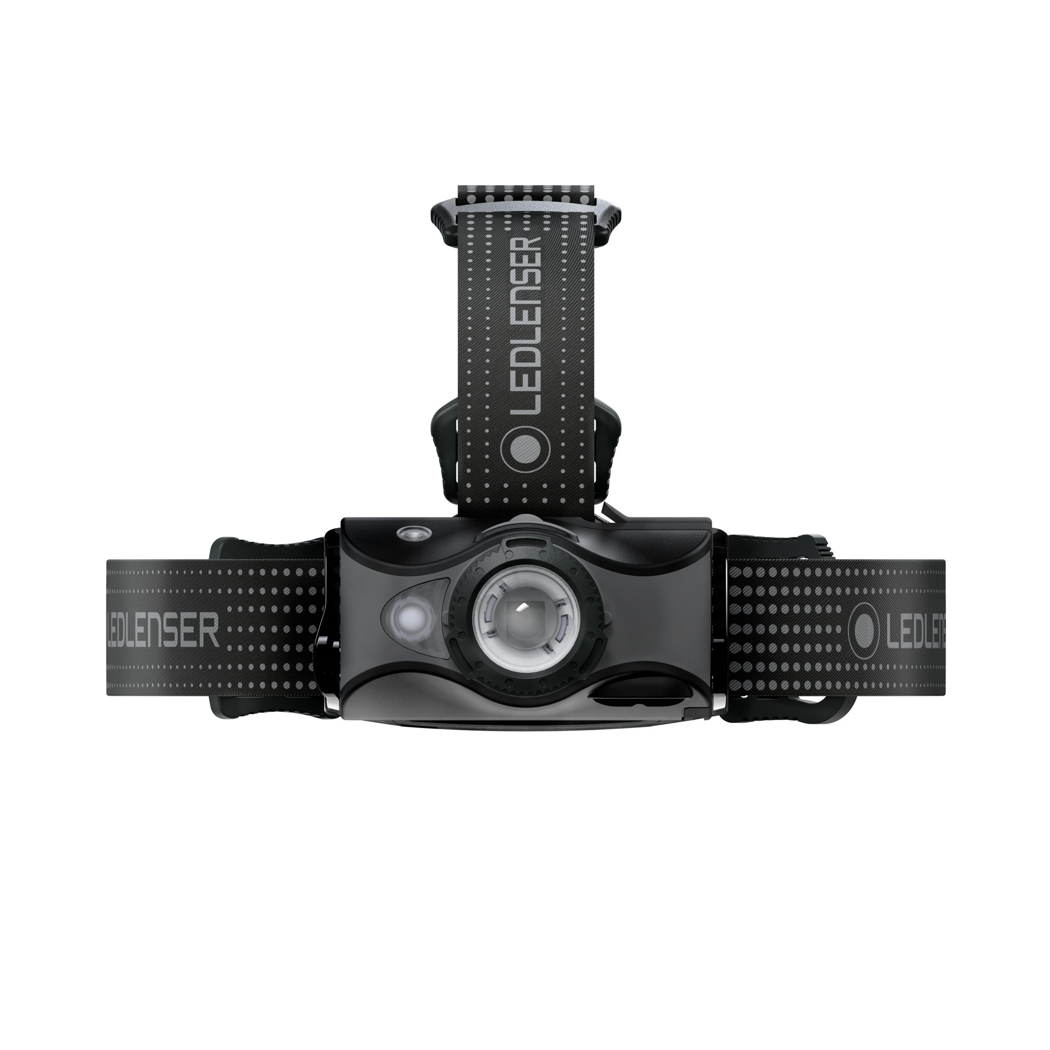 MH7 Outdoor Headlamp mounted on a vertical support with cross strap showing the front LED bezel and dark grey housing