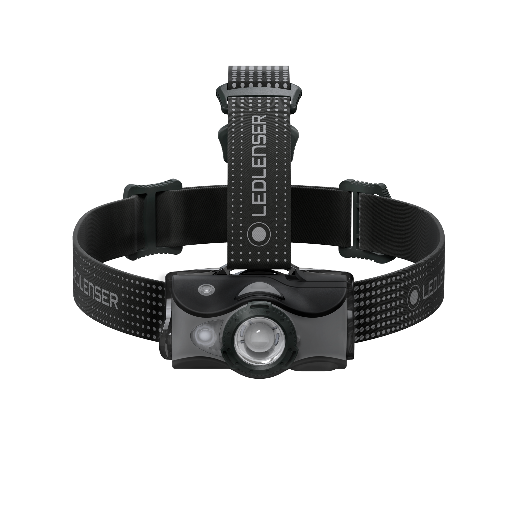 Ledlenser MH7 Outdoor Headlamp with adjustable black headband and front LED module front view showing strap and light unit