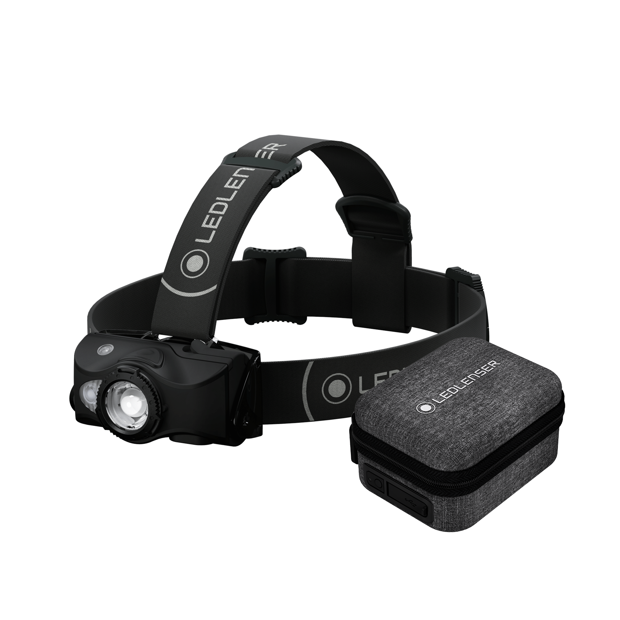MH8 Powercase Combo headlamp with adjustable strap and charging case; black headlamp with front lens and grey fabric case