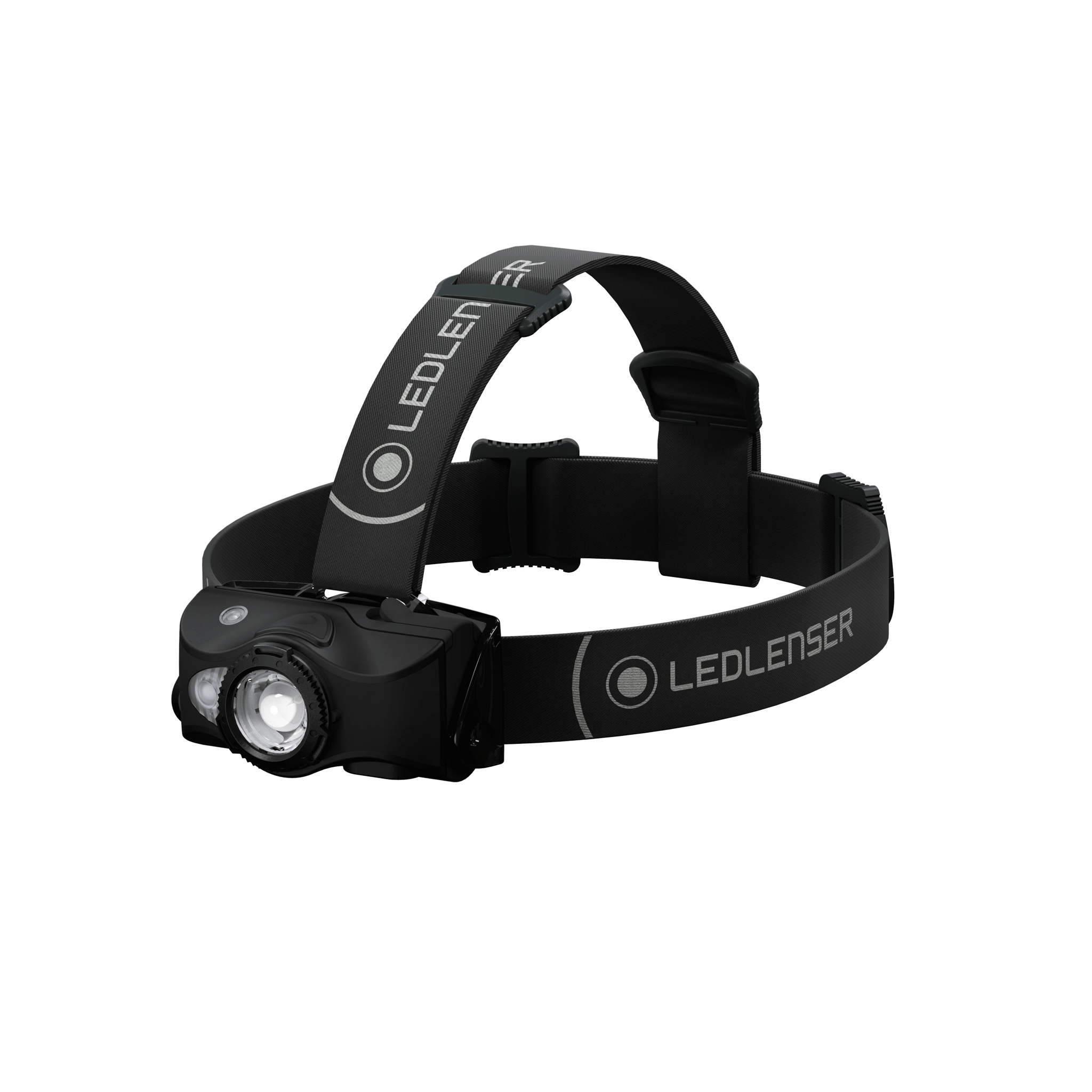 MH8 Powercase Combo headlamp and charging case black adjustable headband with Ledlenser branding and front dual LED lamp