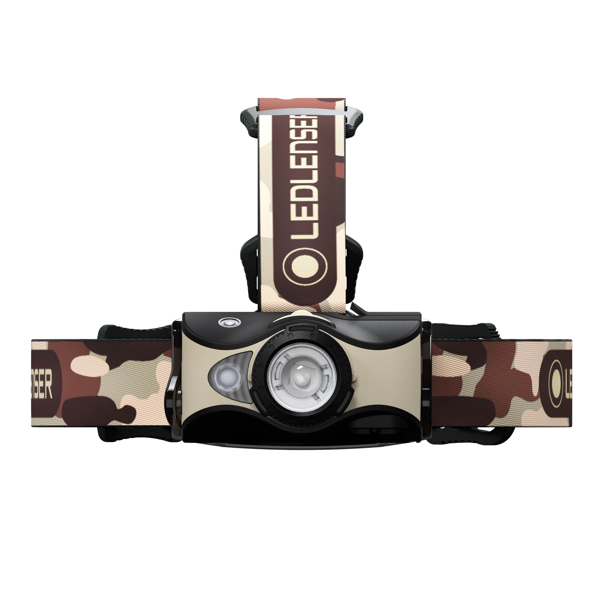 MH8 Outdoor Headlamp by Ledlenser mounted on a headband with camouflage strap and front LED housing