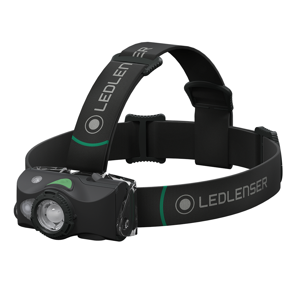 MH8 Black Rechargeable Headlamp with adjustable head strap and front LED light