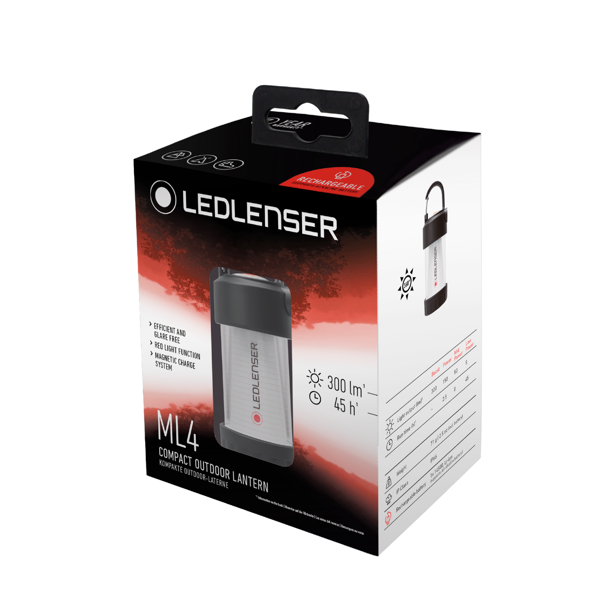 Ledlenser ML4 Lantern packaging box featuring compact outdoor lantern with handle front image 300 lm and 45 h runtime