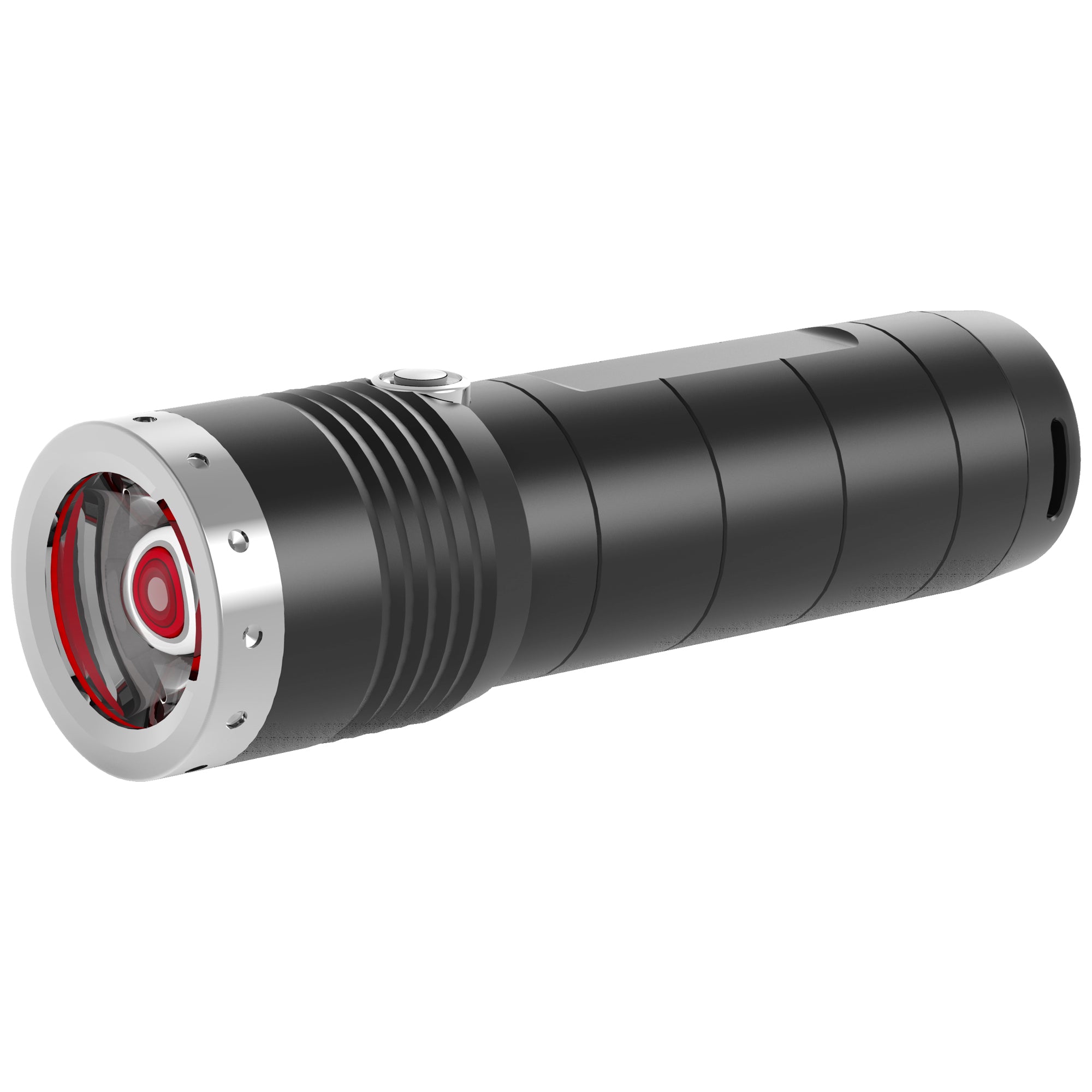 Ledlenser MT6 Battery Operated Torch shown from a side angle with a black cylindrical body metal front housing and red lens accent