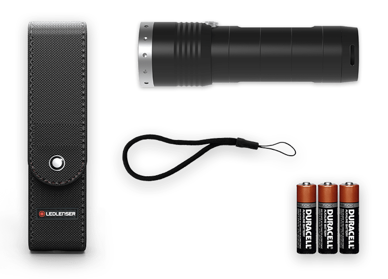 MT6 Battery Operated Torch with black cylindrical body belt holster USB charging cable and three Duracell AA batteries