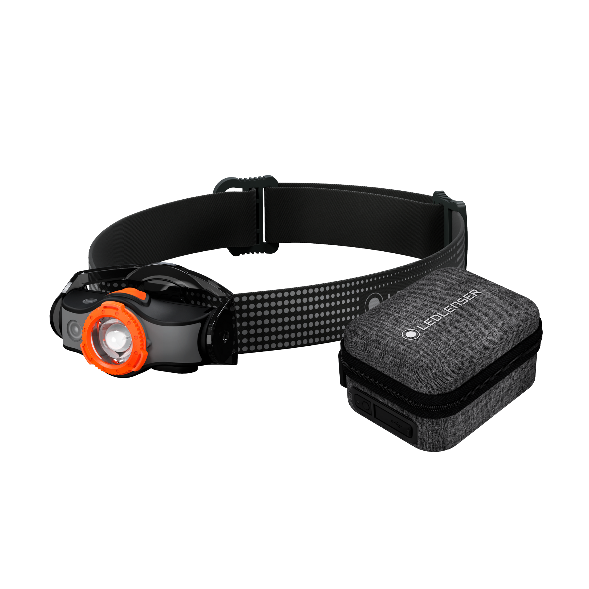 Ledlenser MH5 Powercase Combo headlamp with charging case on a black adjustable headband and grey fabric storage case